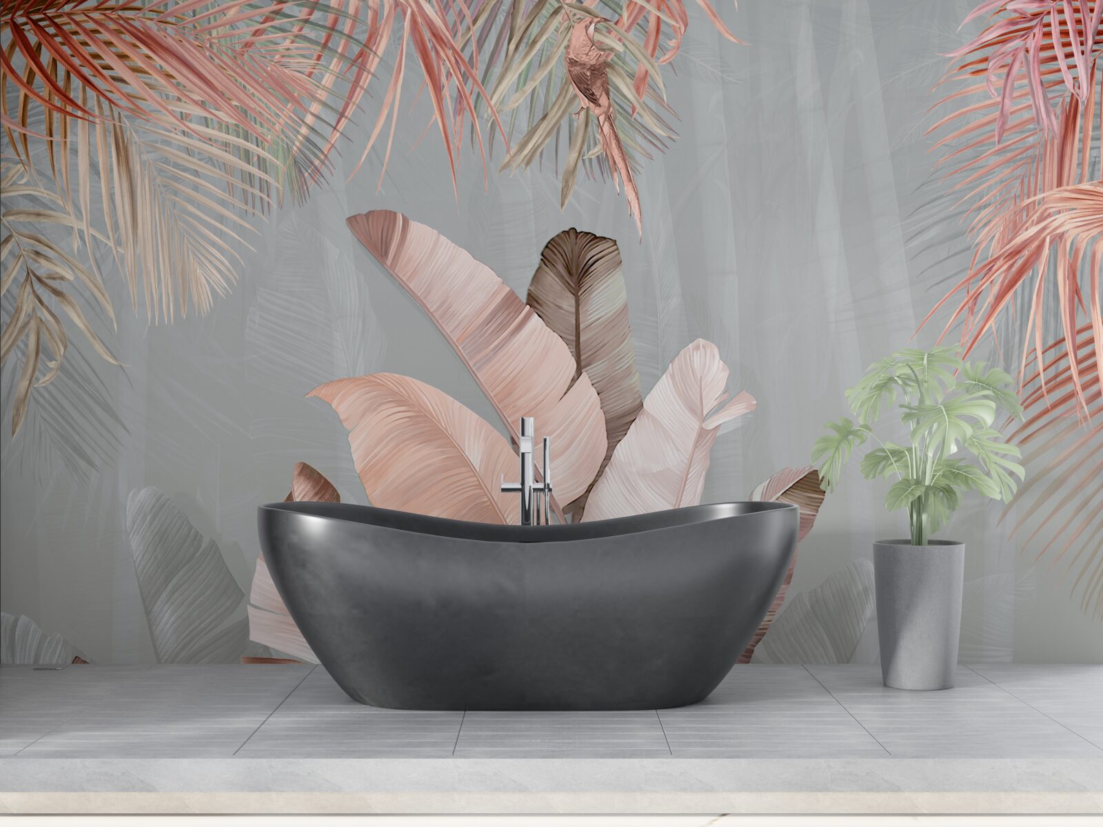 Fototapet frunze tropicale cu o nuanță roz delicată