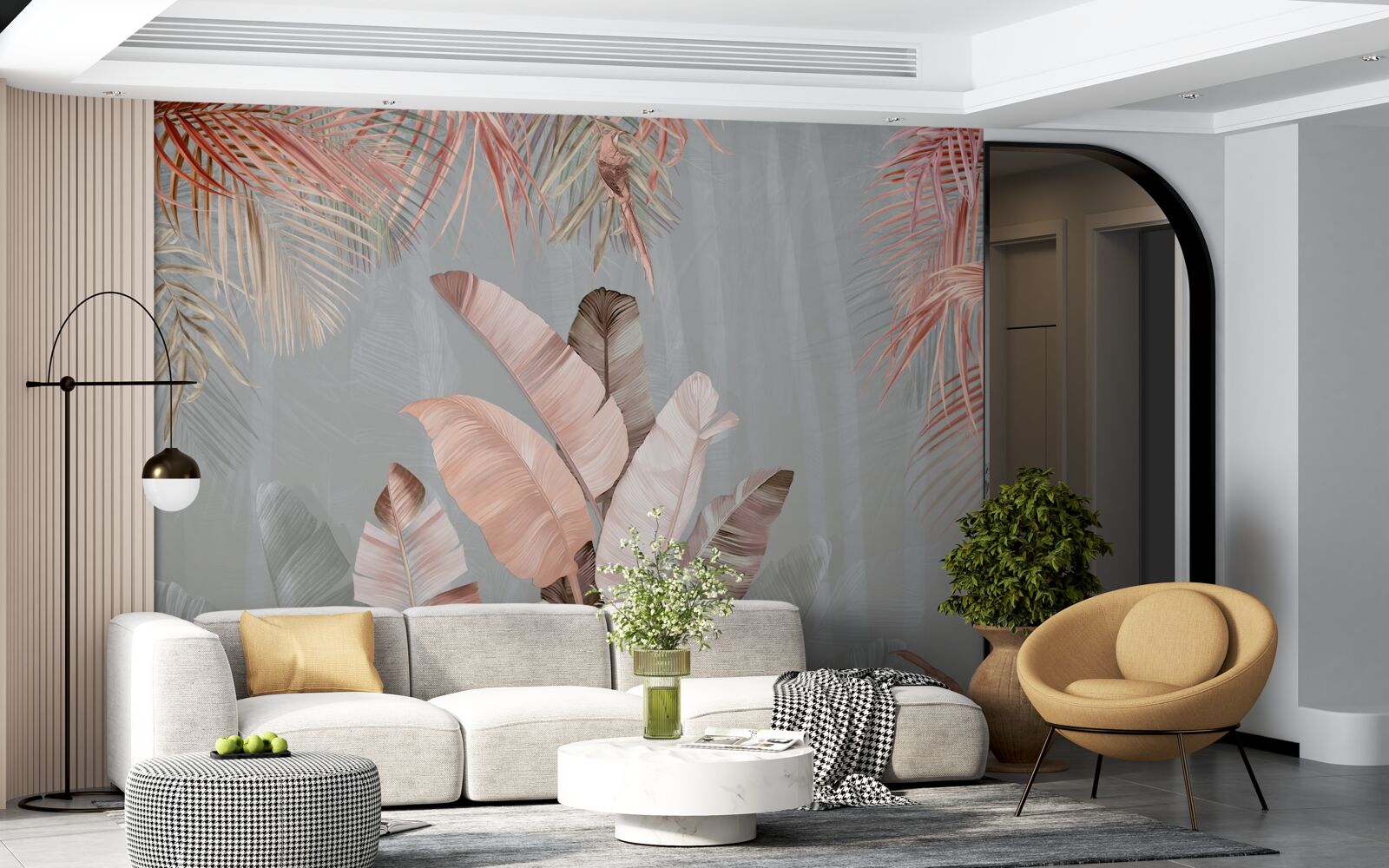 Fototapet frunze tropicale cu o nuanță roz delicată