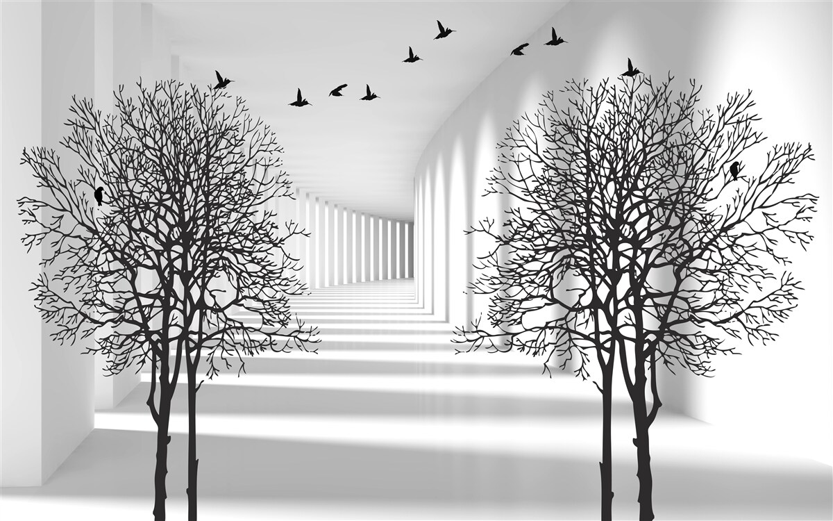 Fototapet păsări care zboară spre sud și copaci goi toamna