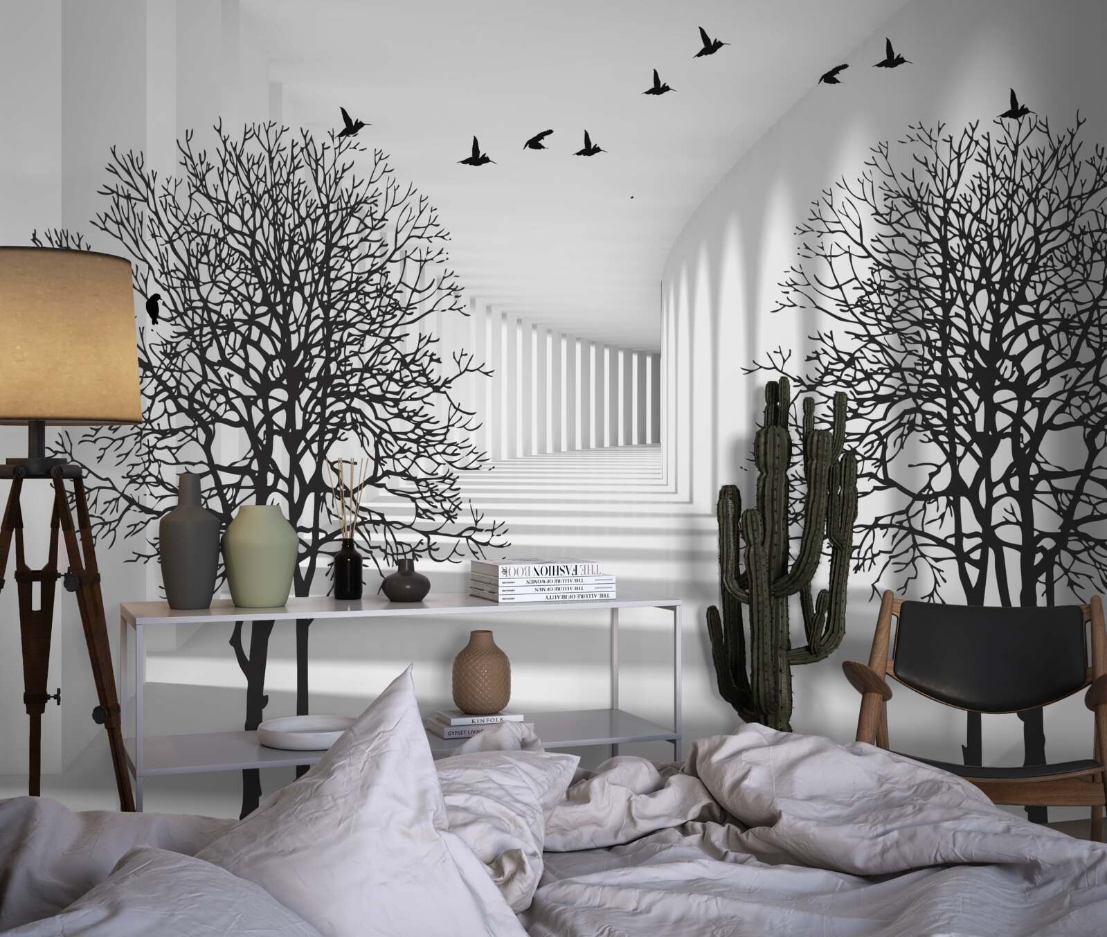 Fototapet păsări care zboară spre sud și copaci goi toamna