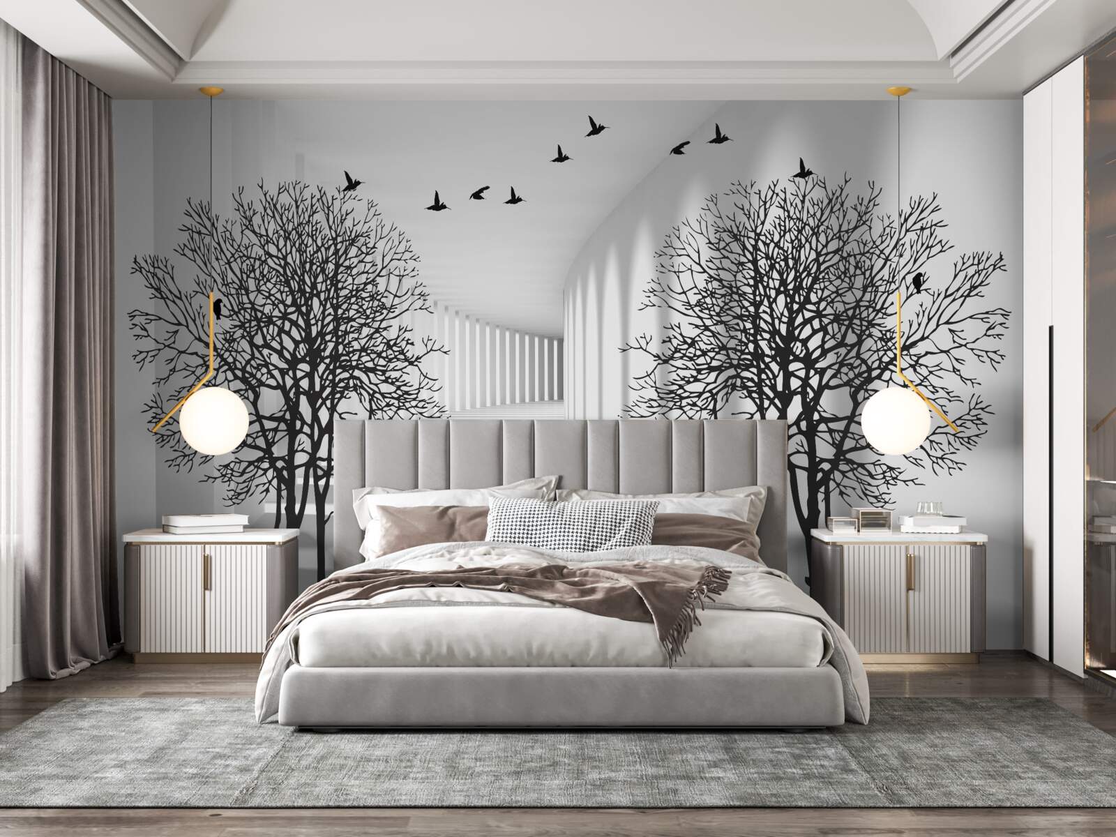 Fototapet păsări care zboară spre sud și copaci goi toamna