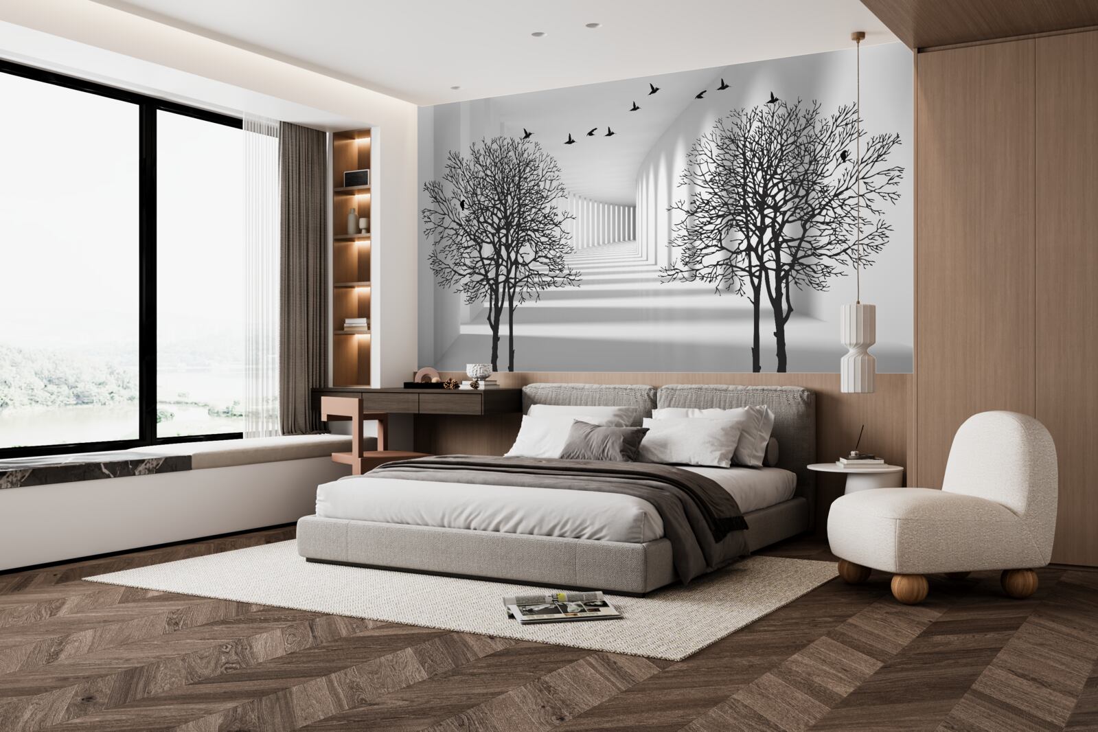 Fototapet păsări care zboară spre sud și copaci goi toamna