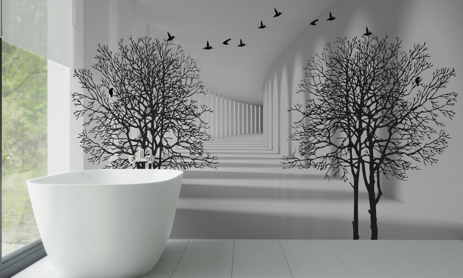 Fototapet păsări care zboară spre sud și copaci goi toamna