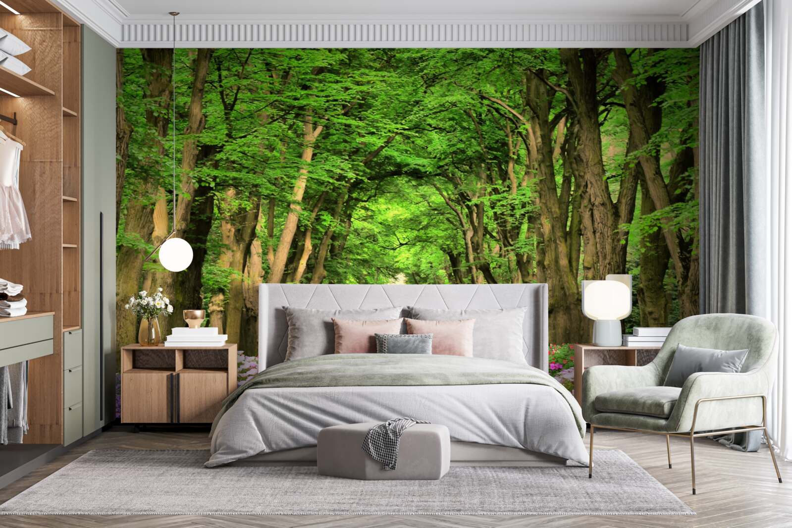 Fototapet cale confortabilă prin pădurea de tufișuri verzi