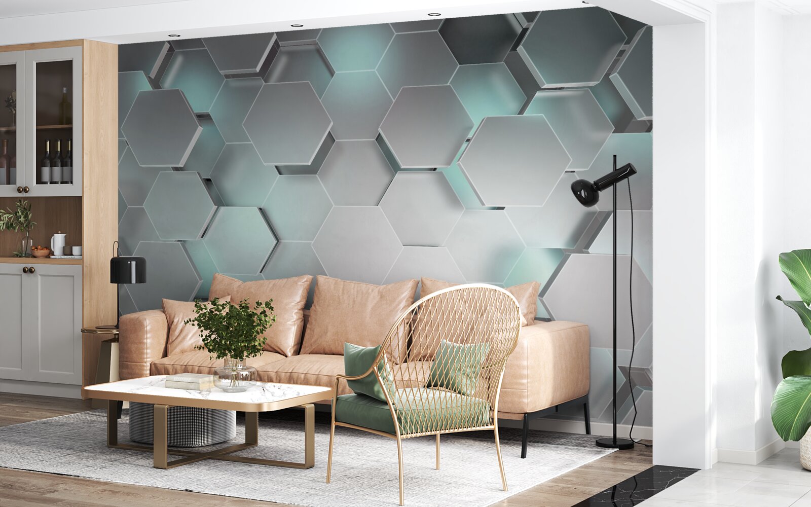 Fototapet hexagoane emițătoare de lumină care plutesc în aer