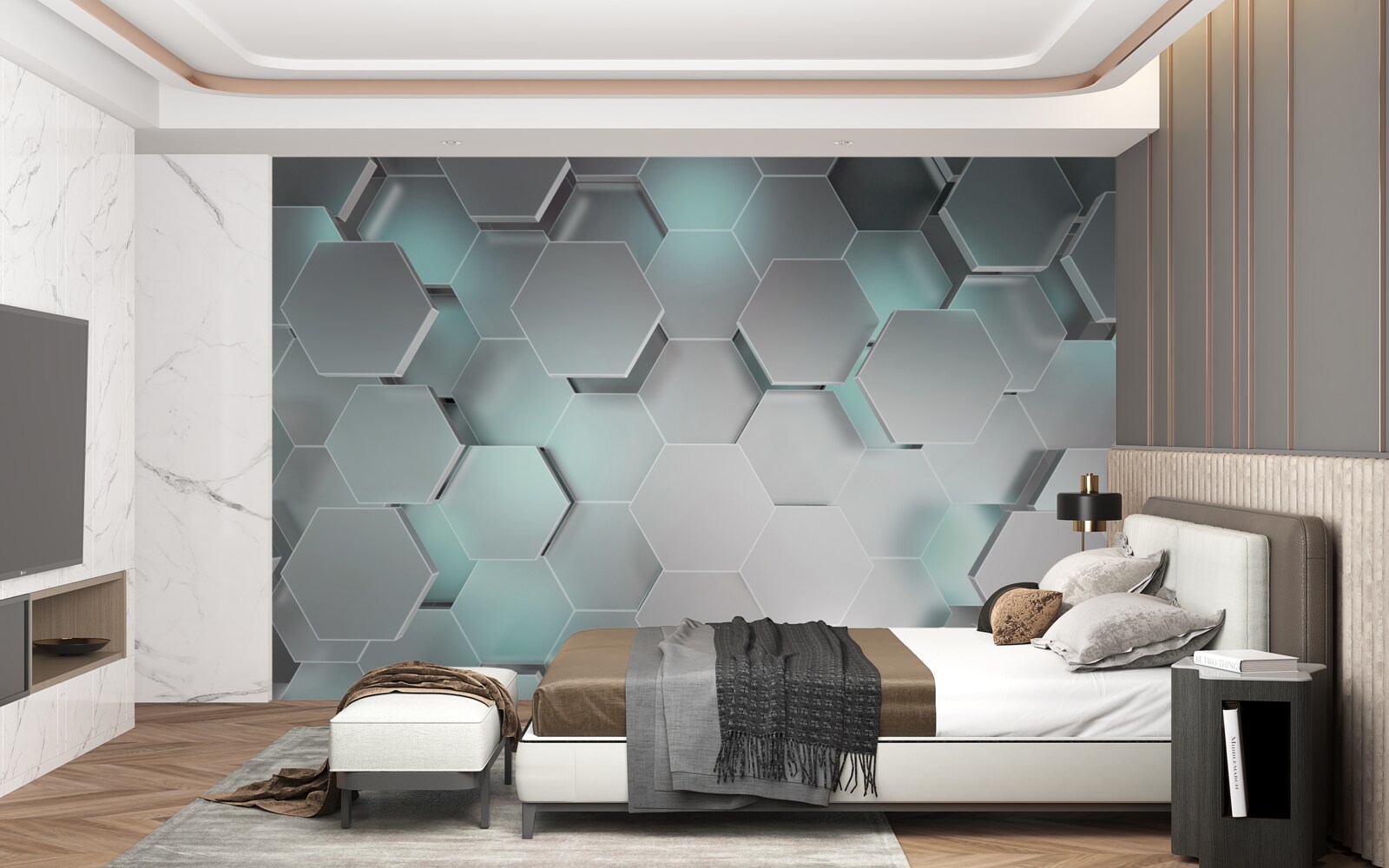 Fototapet hexagoane emițătoare de lumină care plutesc în aer