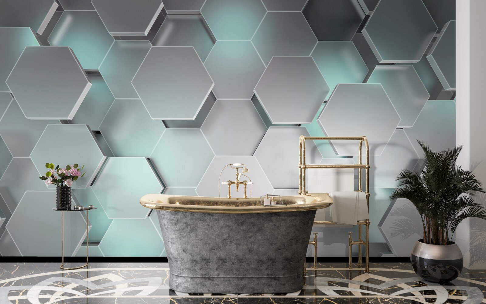 Fototapet hexagoane emițătoare de lumină care plutesc în aer