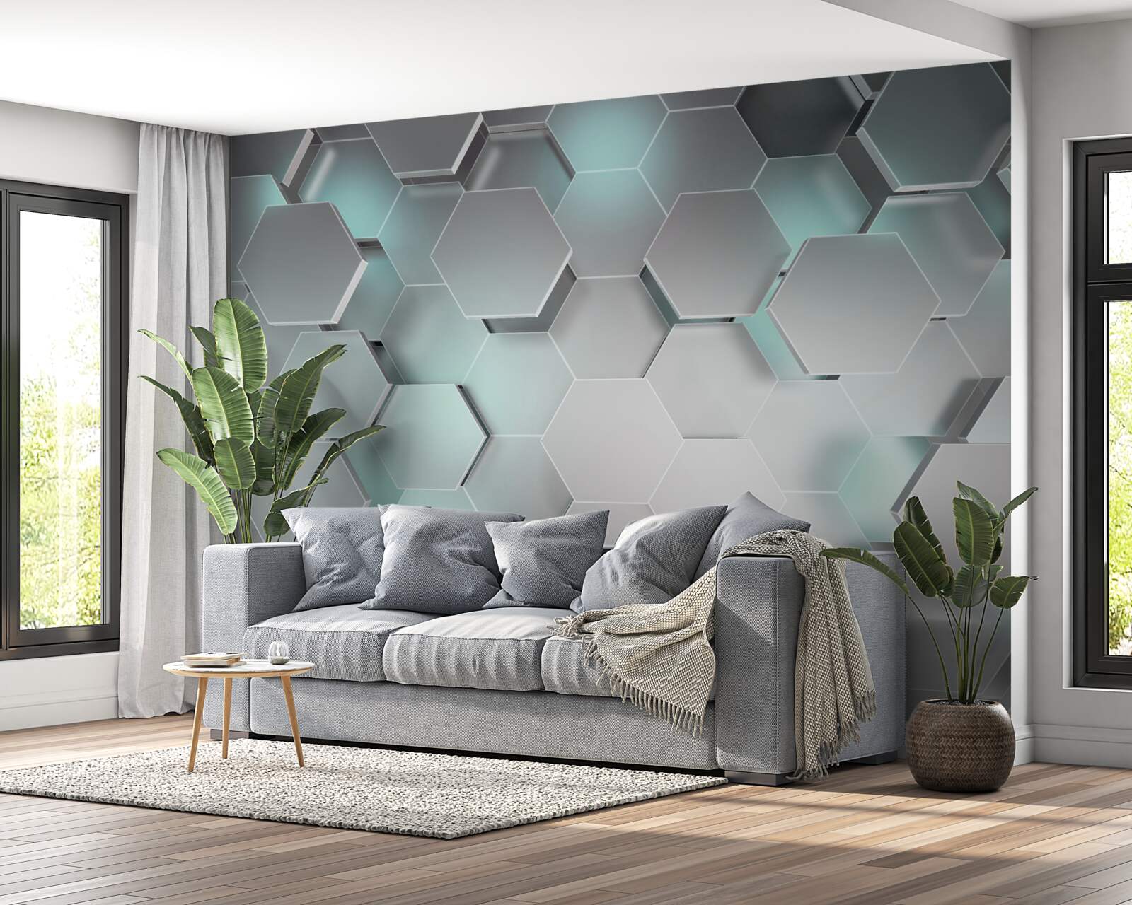 Fototapet hexagoane emițătoare de lumină care plutesc în aer