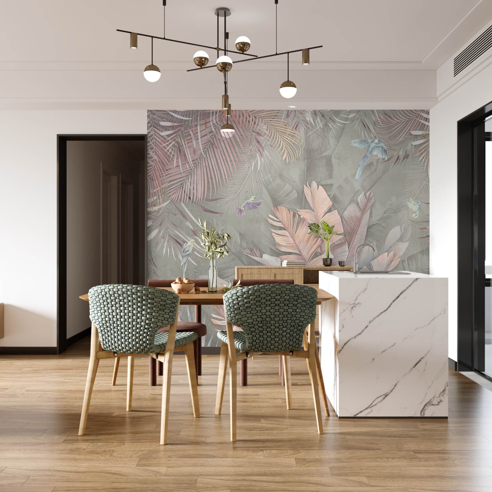 Fototapet tropicale cu o nuanță delicată de roz