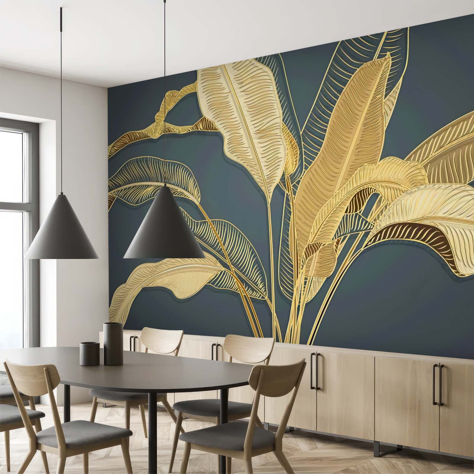 Fototapet frunze de bronz pană într-o compoziție florală