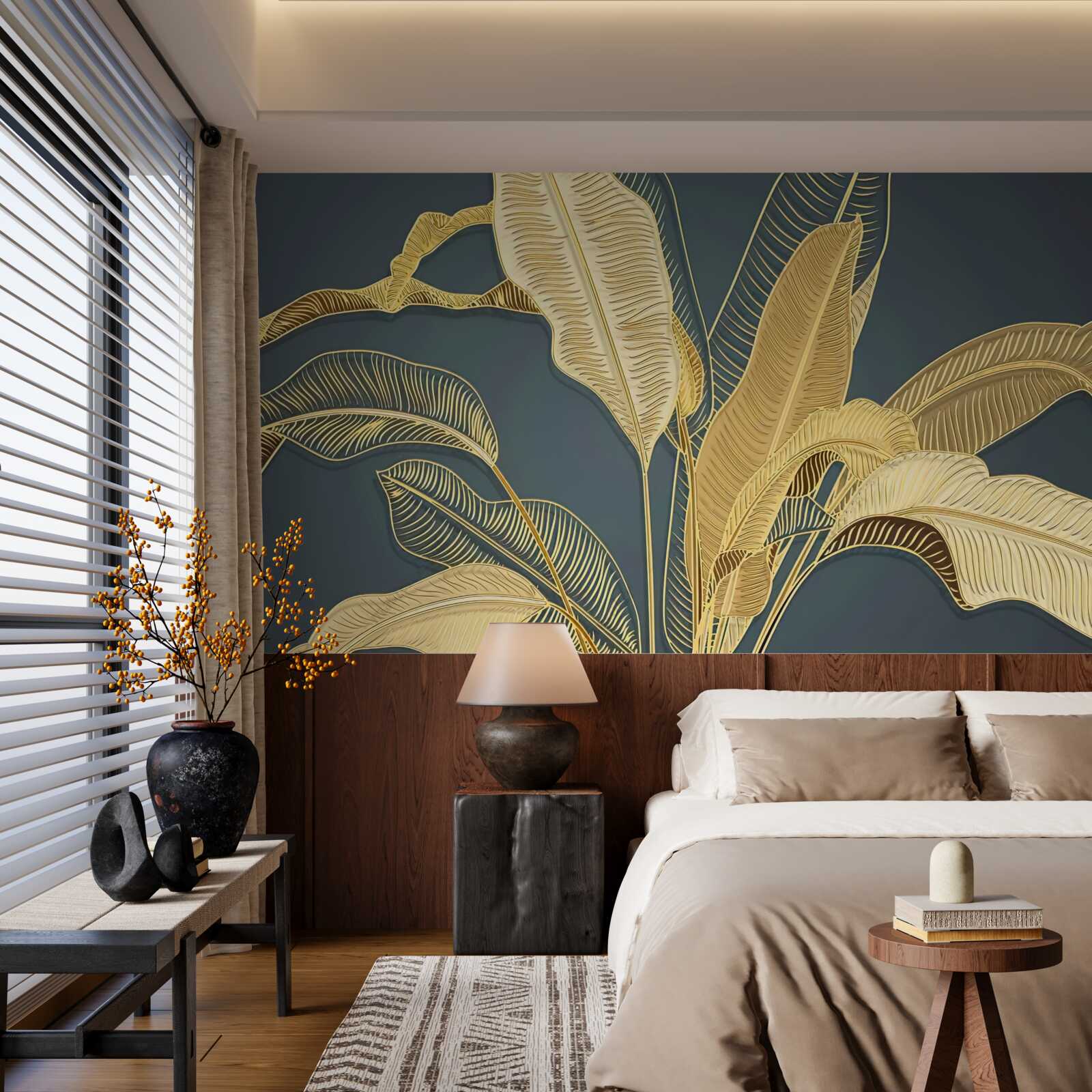 Fototapet frunze de bronz pană într-o compoziție florală