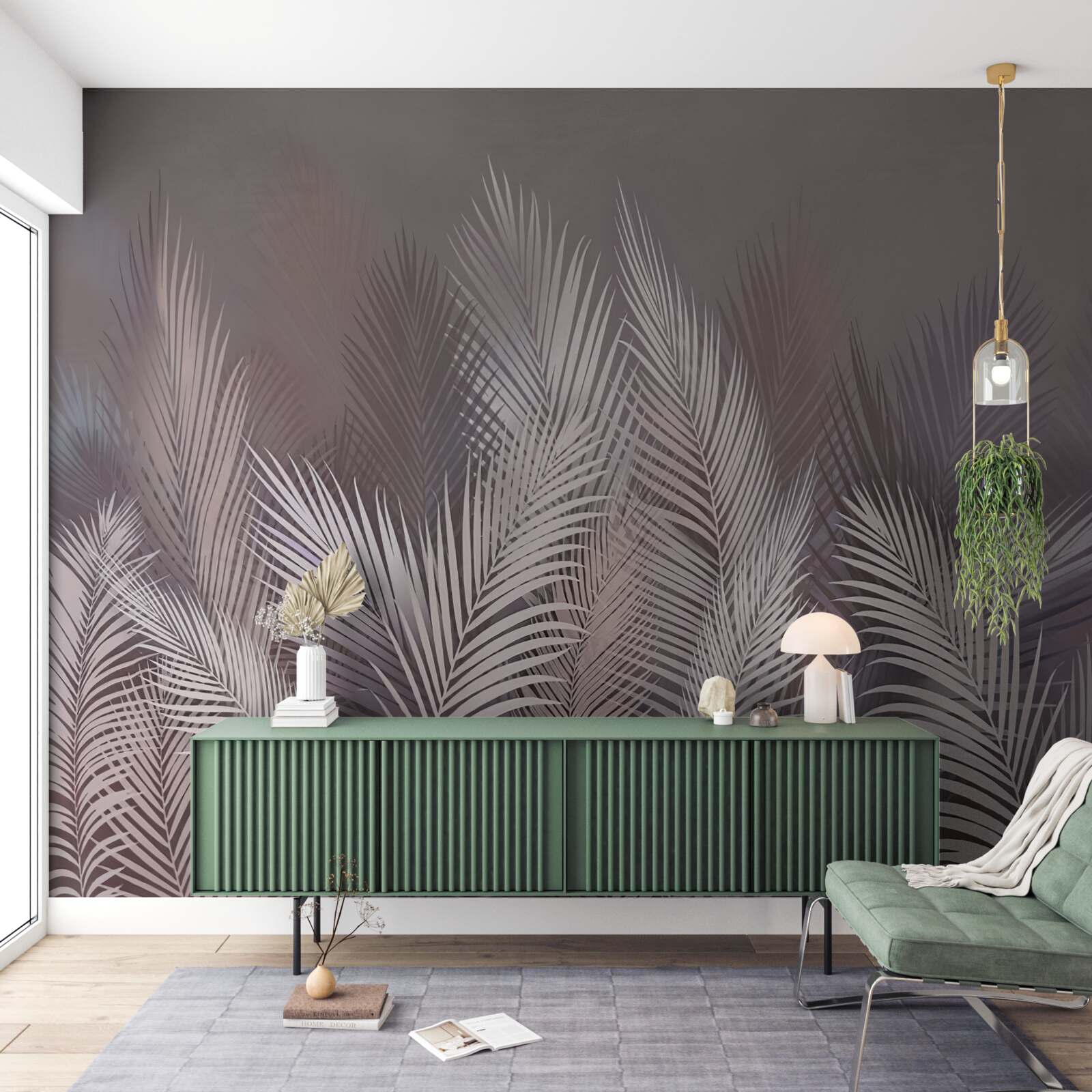 Fototapet fundalul cețos dă frunzelor tropicale albe o atmosferă unică