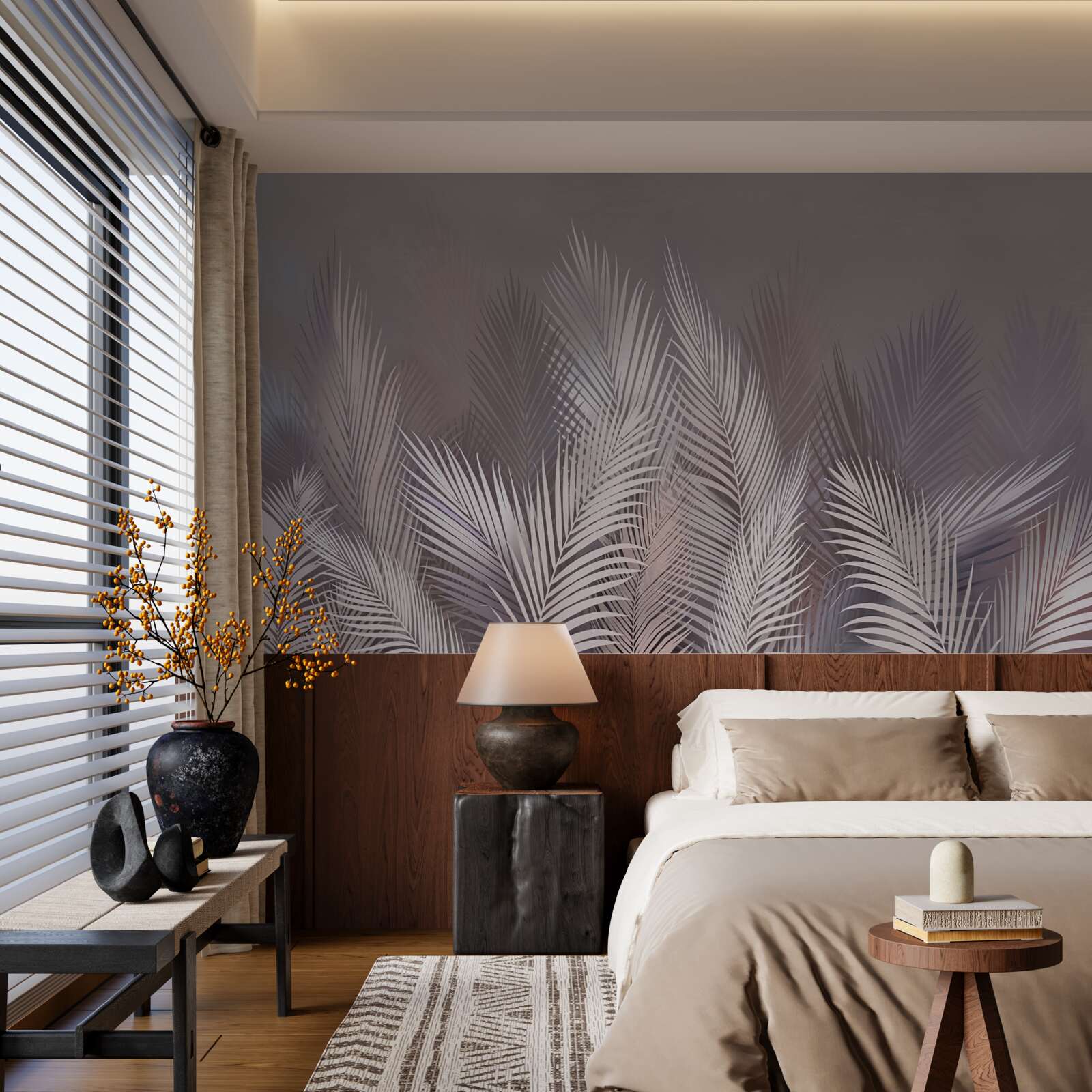 Fototapet fundalul cețos dă frunzelor tropicale albe o atmosferă unică