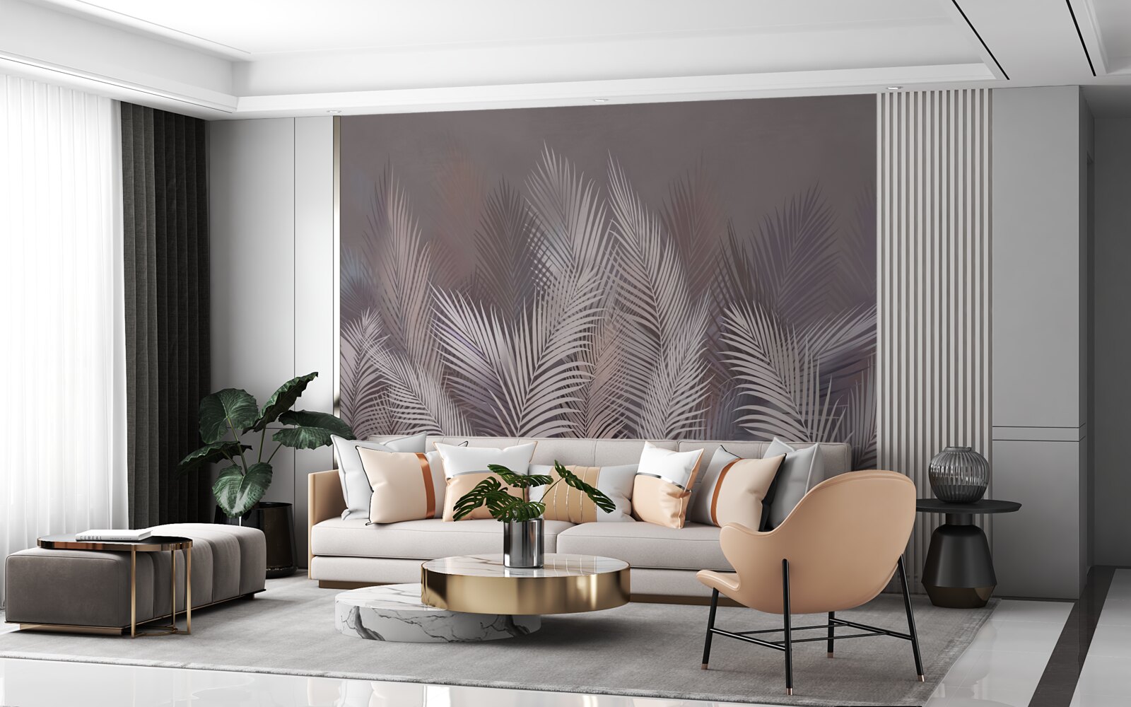 Fototapet fundalul cețos dă frunzelor tropicale albe o atmosferă unică