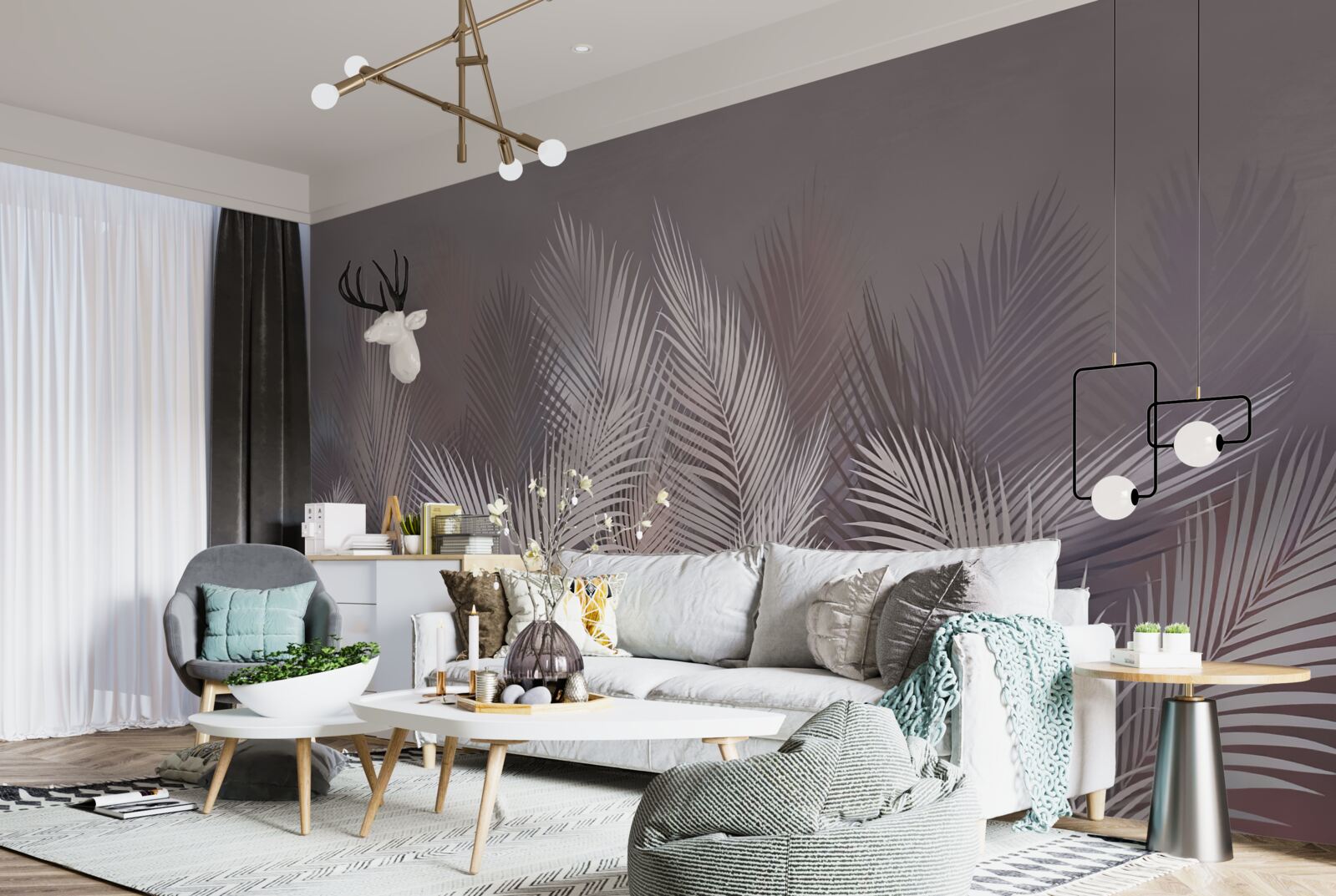 Fototapet fundalul cețos dă frunzelor tropicale albe o atmosferă unică