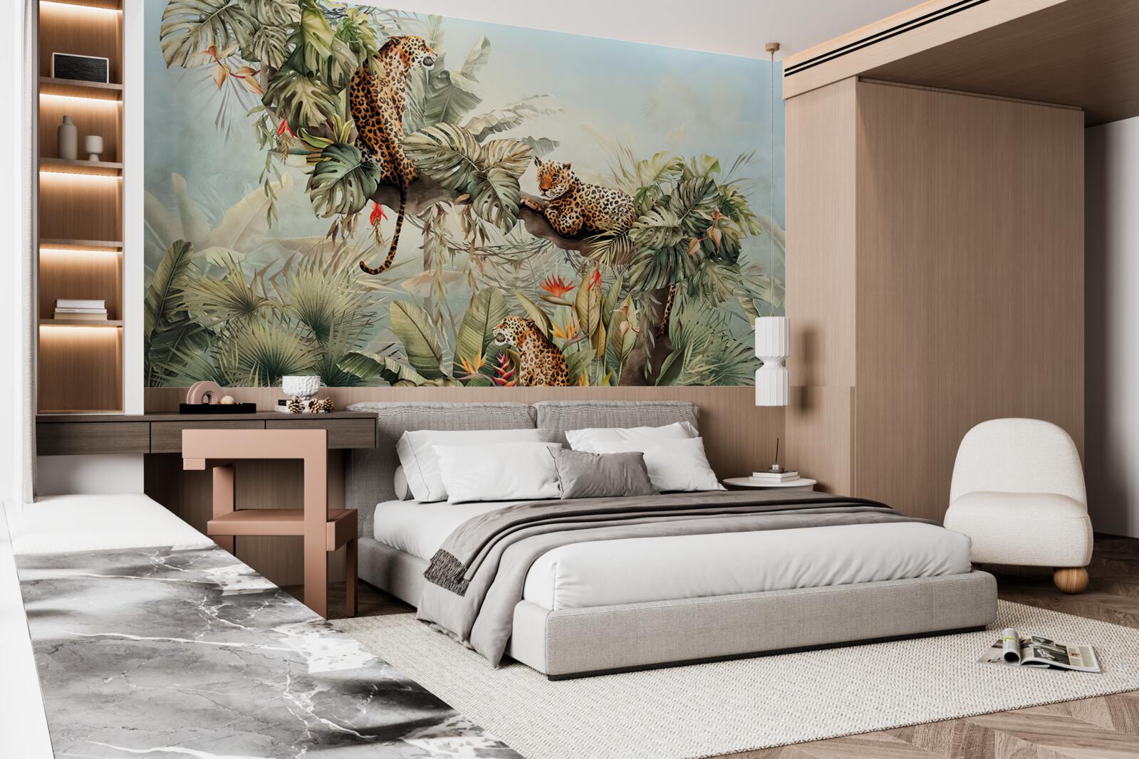 Fototapet în zori, leoparzii se adăpostesc într-un copac