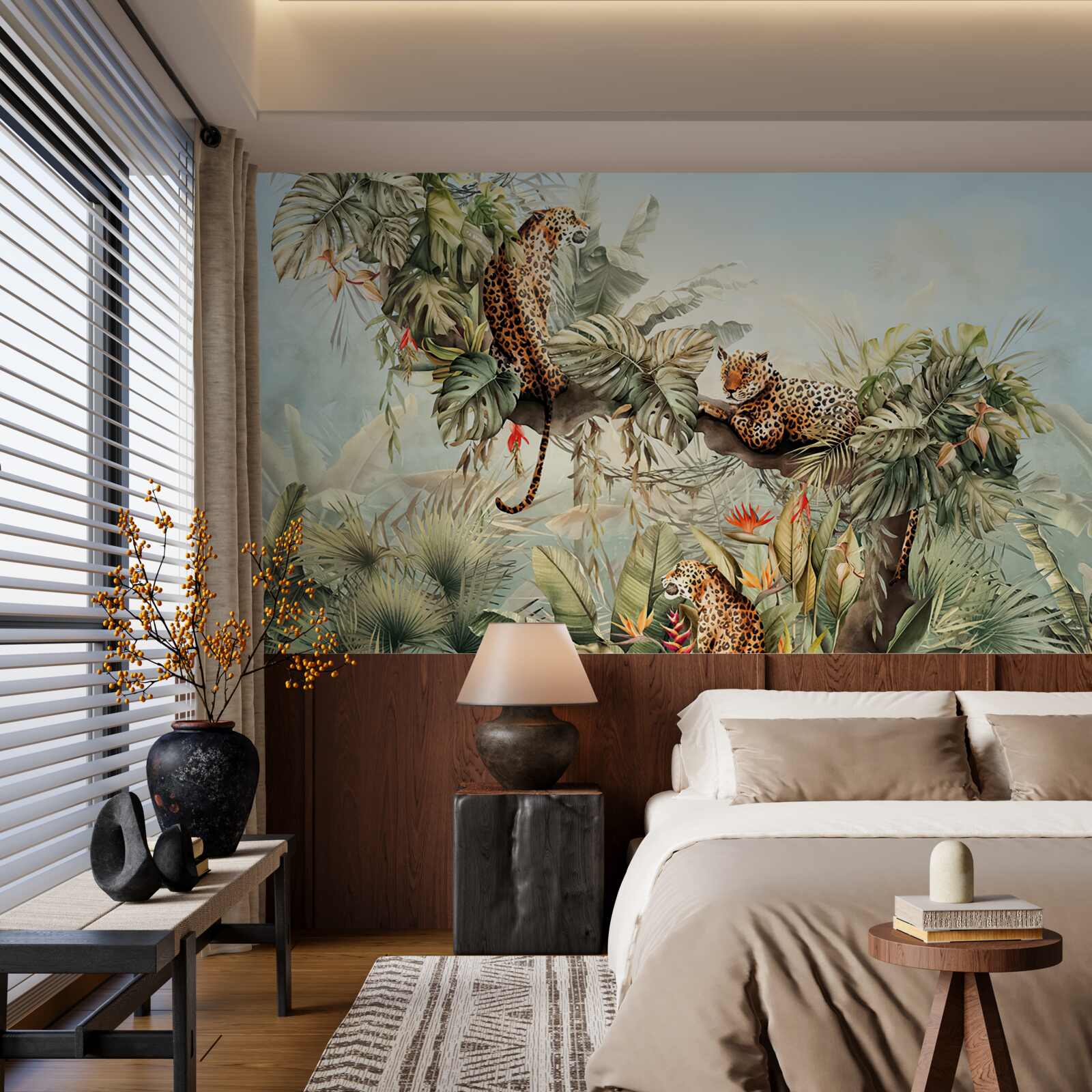 Fototapet în zori, leoparzii se adăpostesc într-un copac