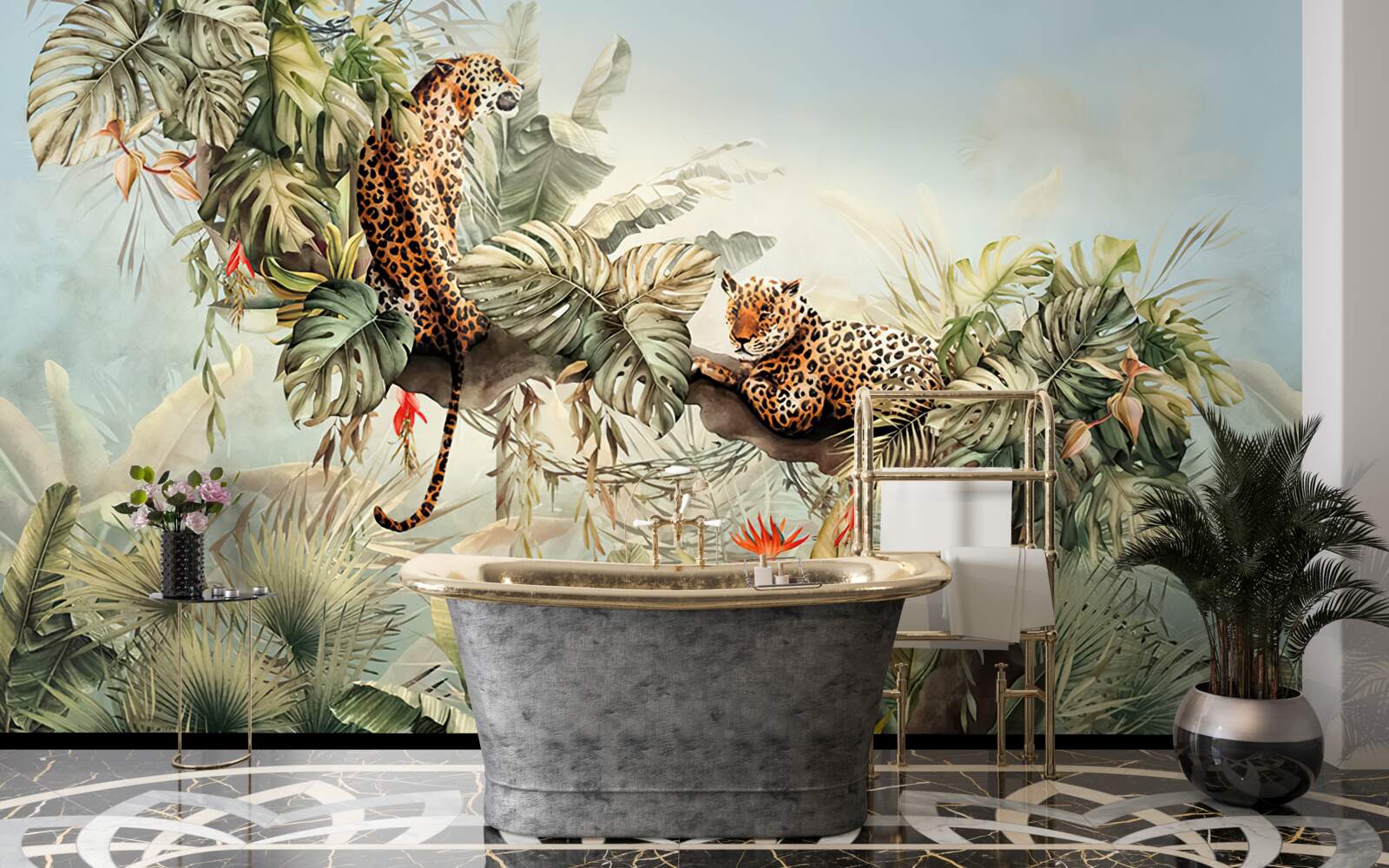 Fototapet în zori, leoparzii se adăpostesc într-un copac