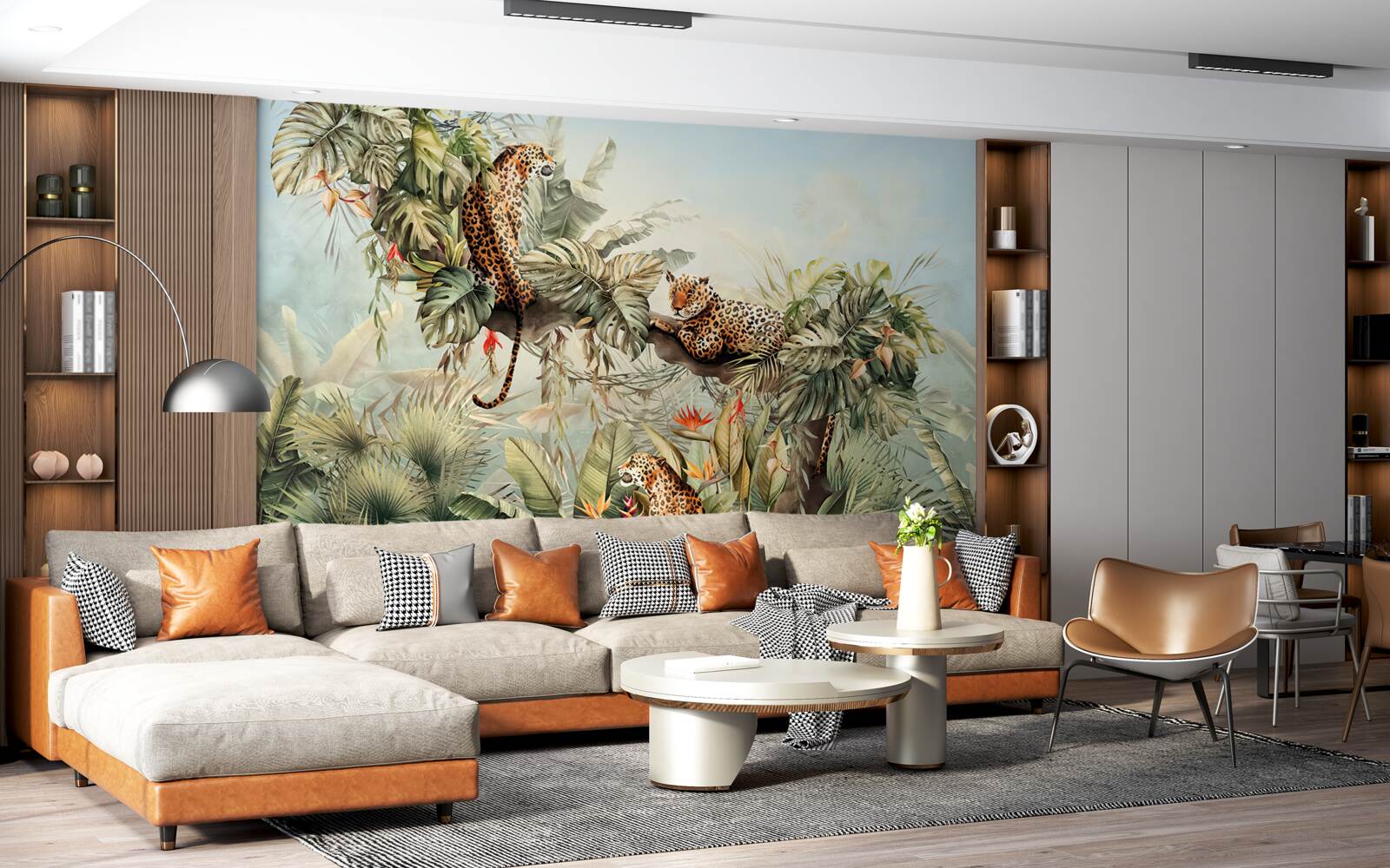 Fototapet în zori, leoparzii se adăpostesc într-un copac