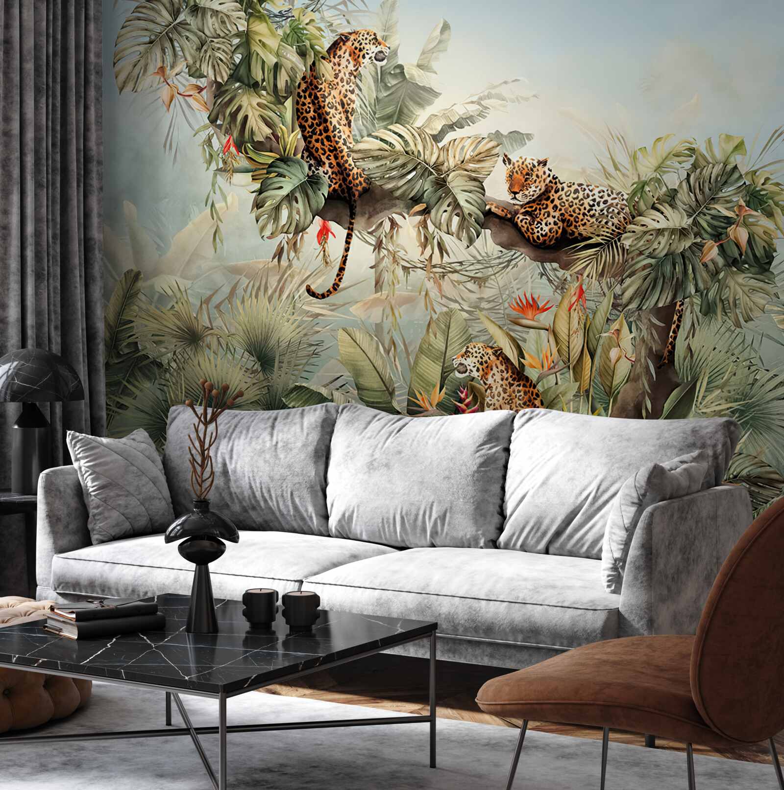 Fototapet în zori, leoparzii se adăpostesc într-un copac