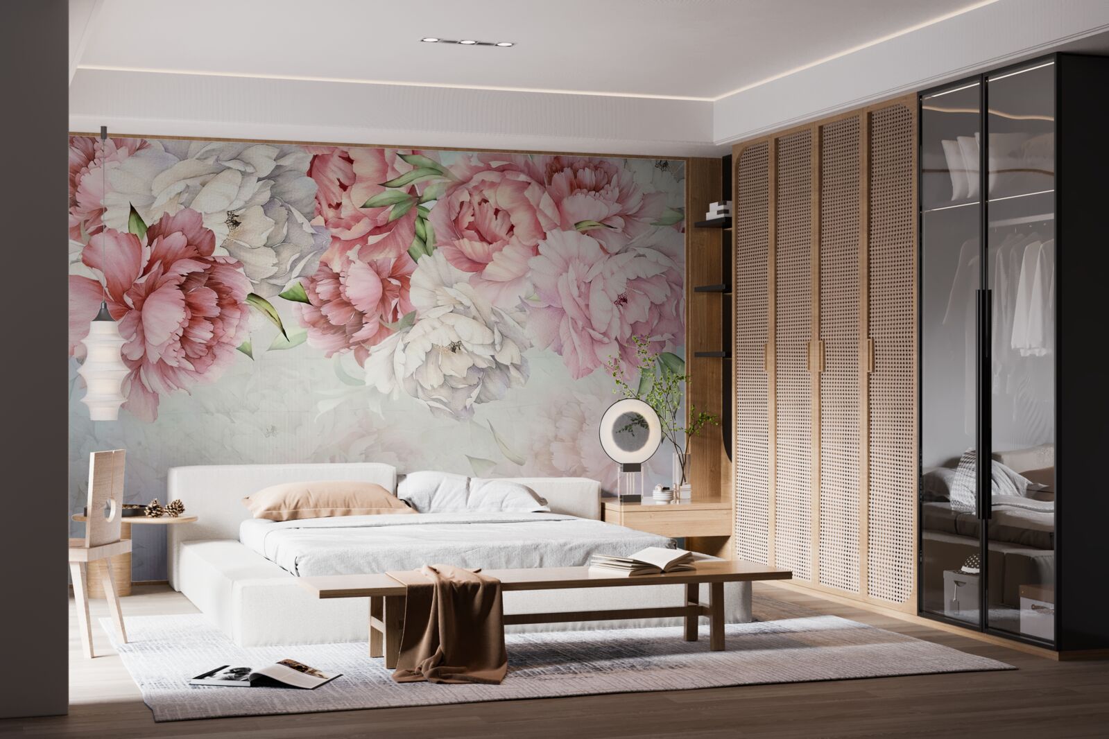 Fototapet fundal luminos decorat cu flori roz delicate