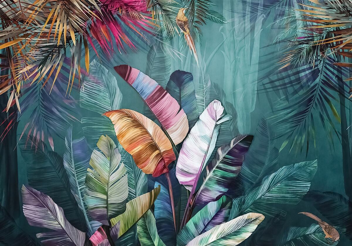 Fototapet set încântător de frunze de copaci tropicali pictate în nuanțe de toamnă