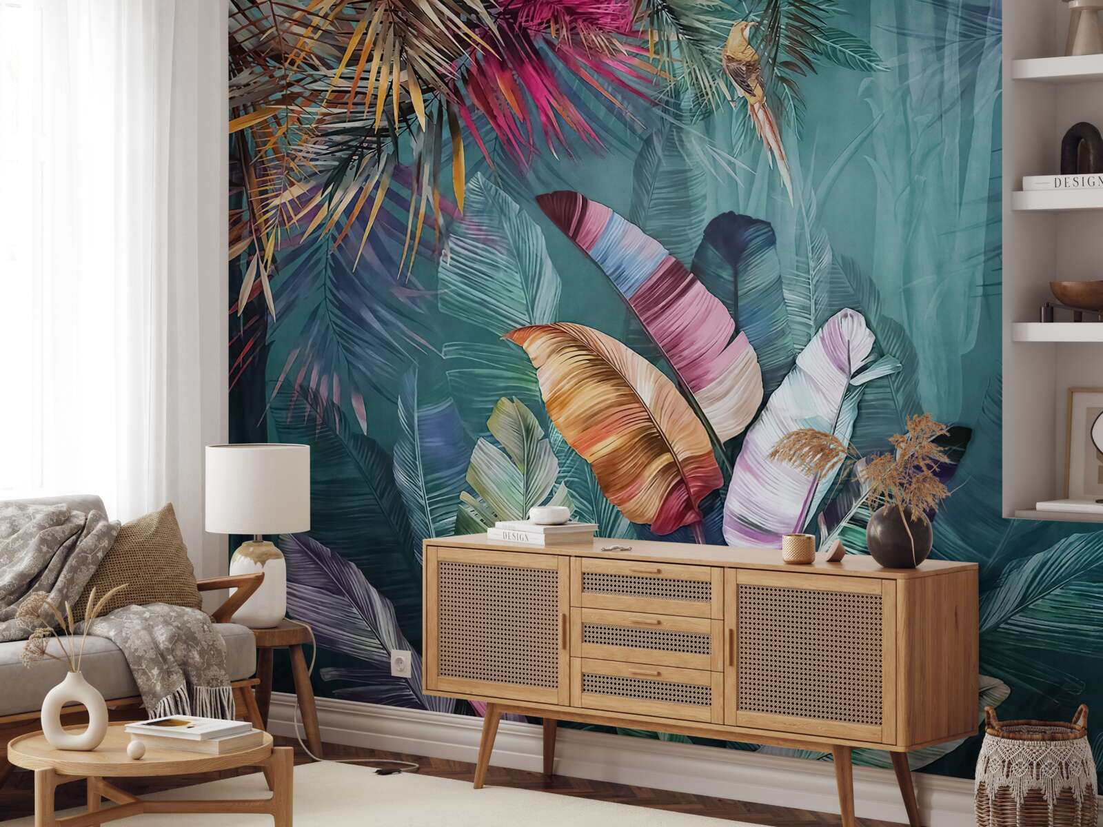 Fototapet set încântător de frunze de copaci tropicali pictate în nuanțe de toamnă