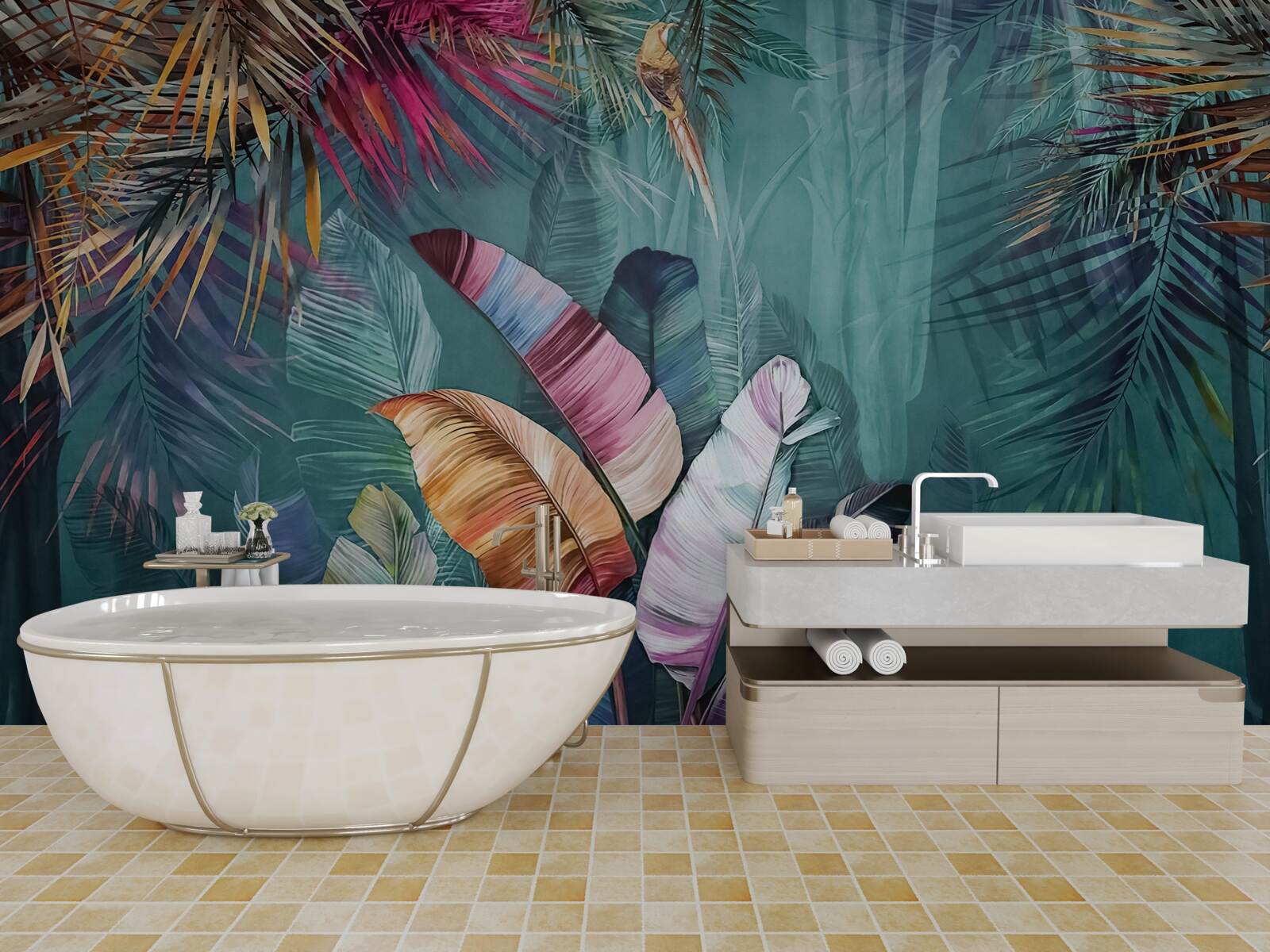 Fototapet set încântător de frunze de copaci tropicali pictate în nuanțe de toamnă