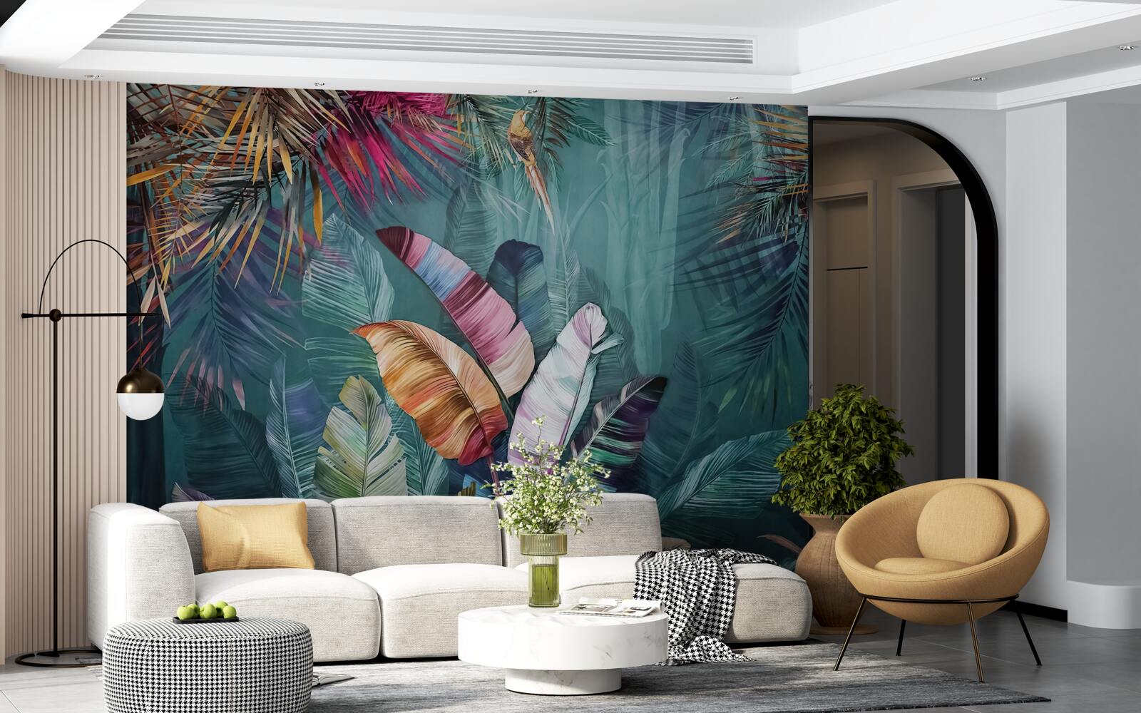 Fototapet set încântător de frunze de copaci tropicali pictate în nuanțe de toamnă