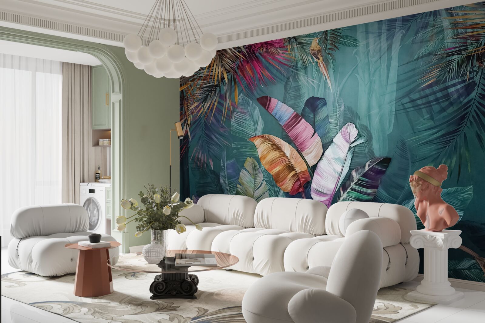 Fototapet set încântător de frunze de copaci tropicali pictate în nuanțe de toamnă