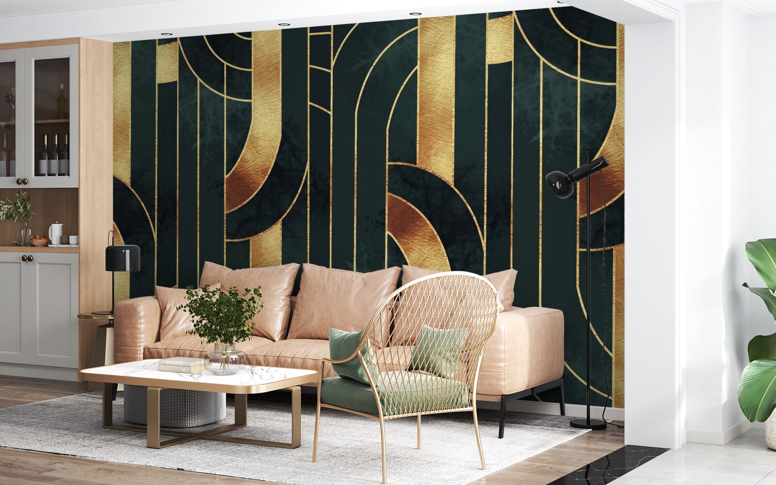 Fototapet linii grațioase de aur și smarald