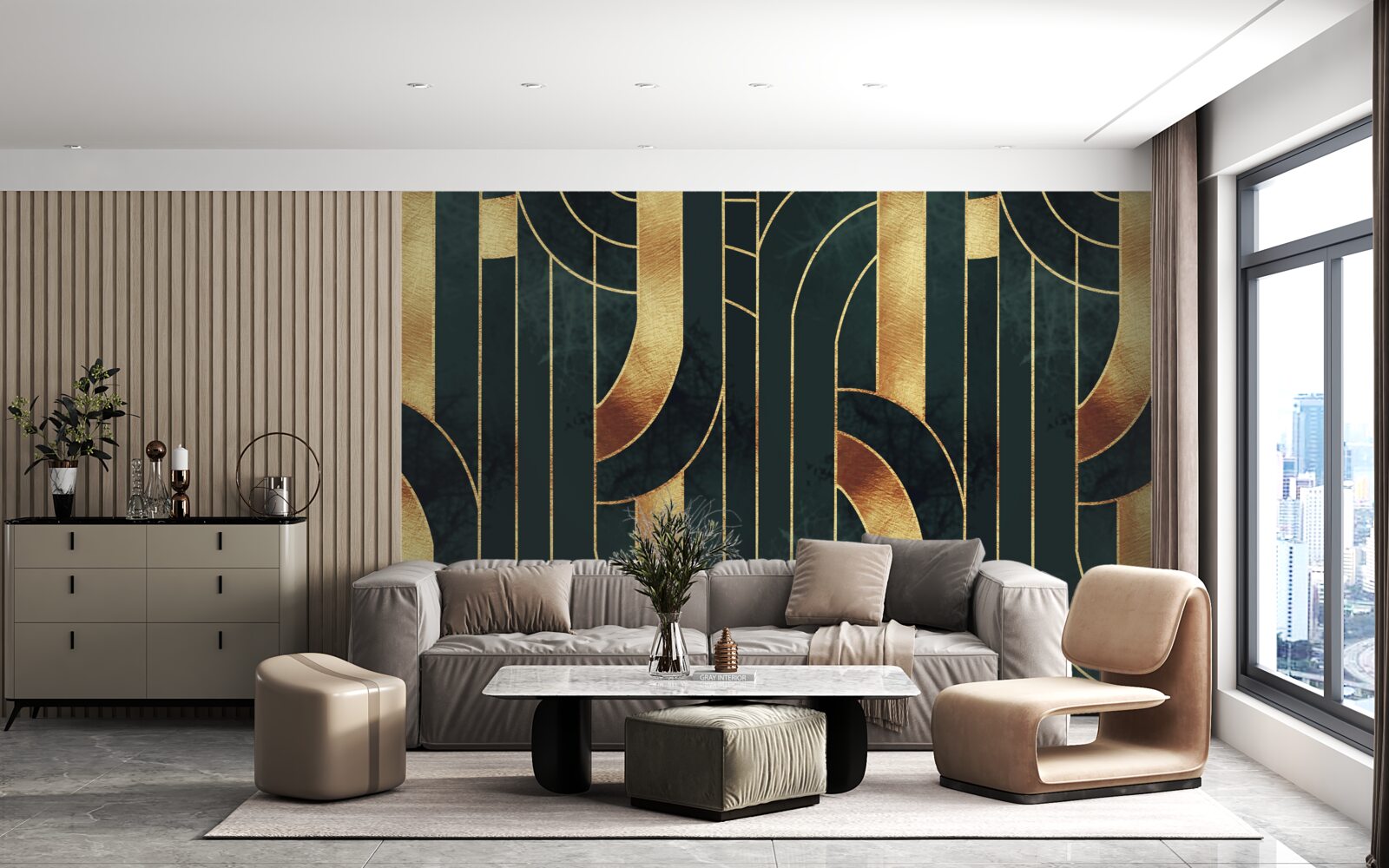 Fototapet linii grațioase de aur și smarald