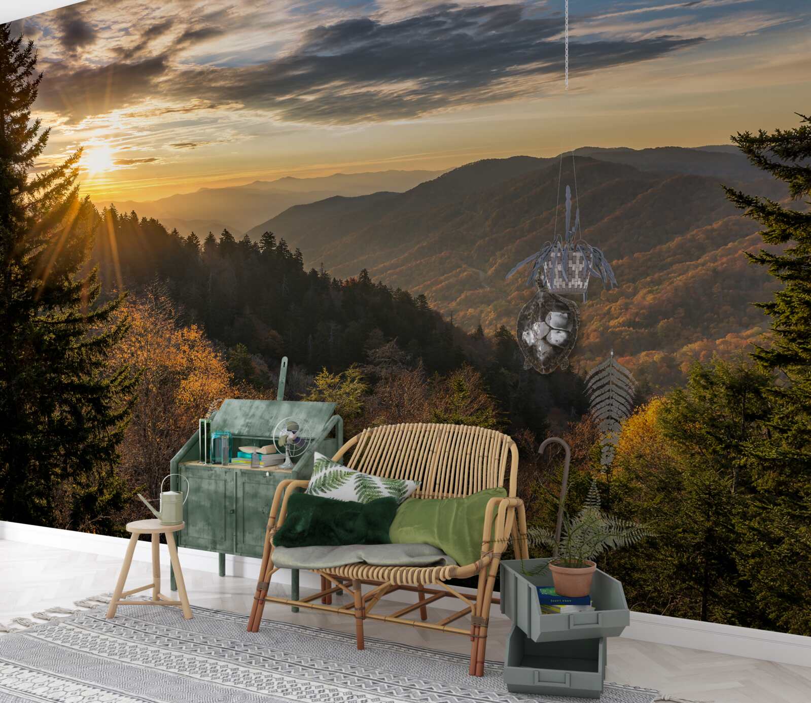 Fototapet apusul soarelui peste vârfurile munților