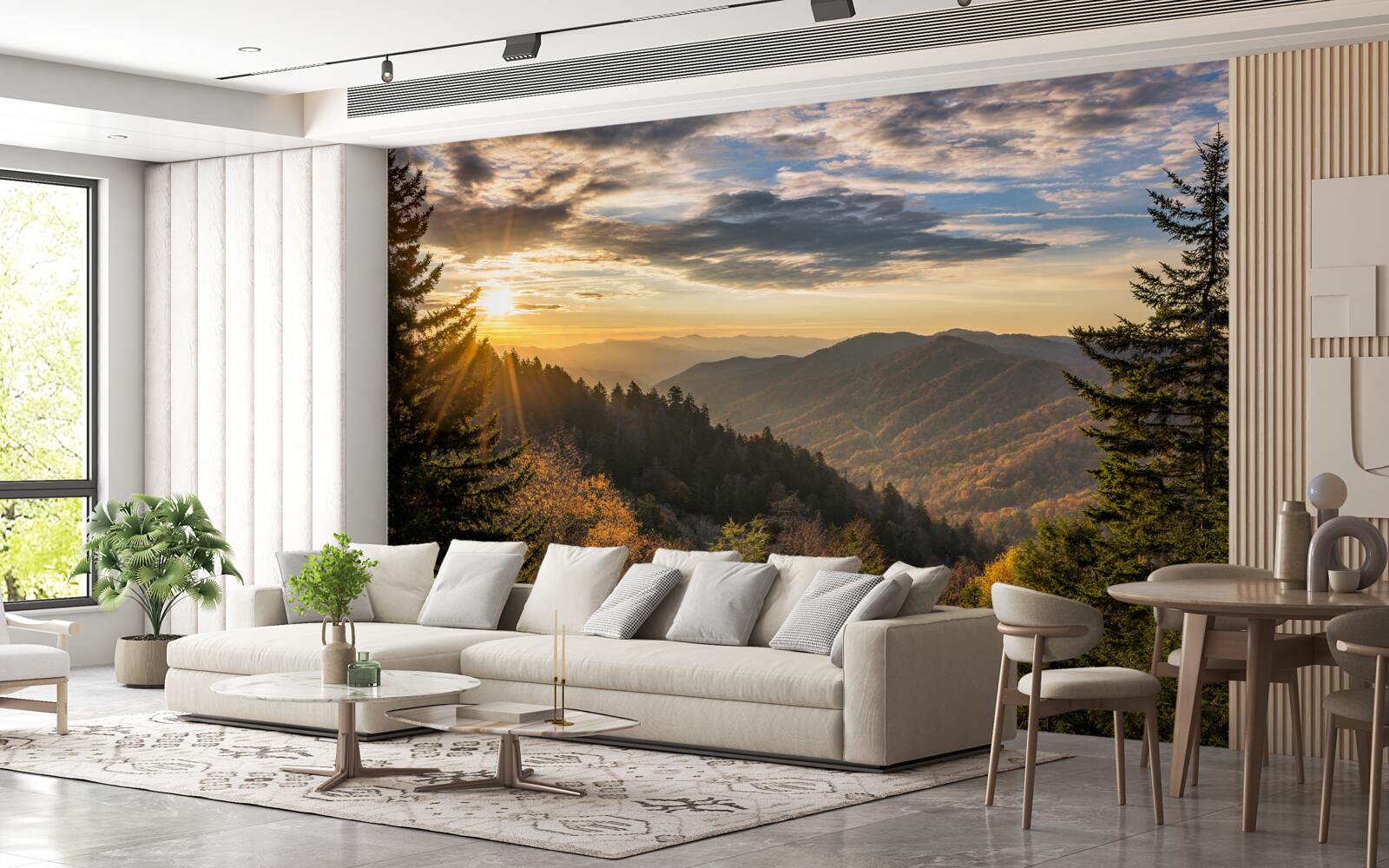 Fototapet apusul soarelui peste vârfurile munților