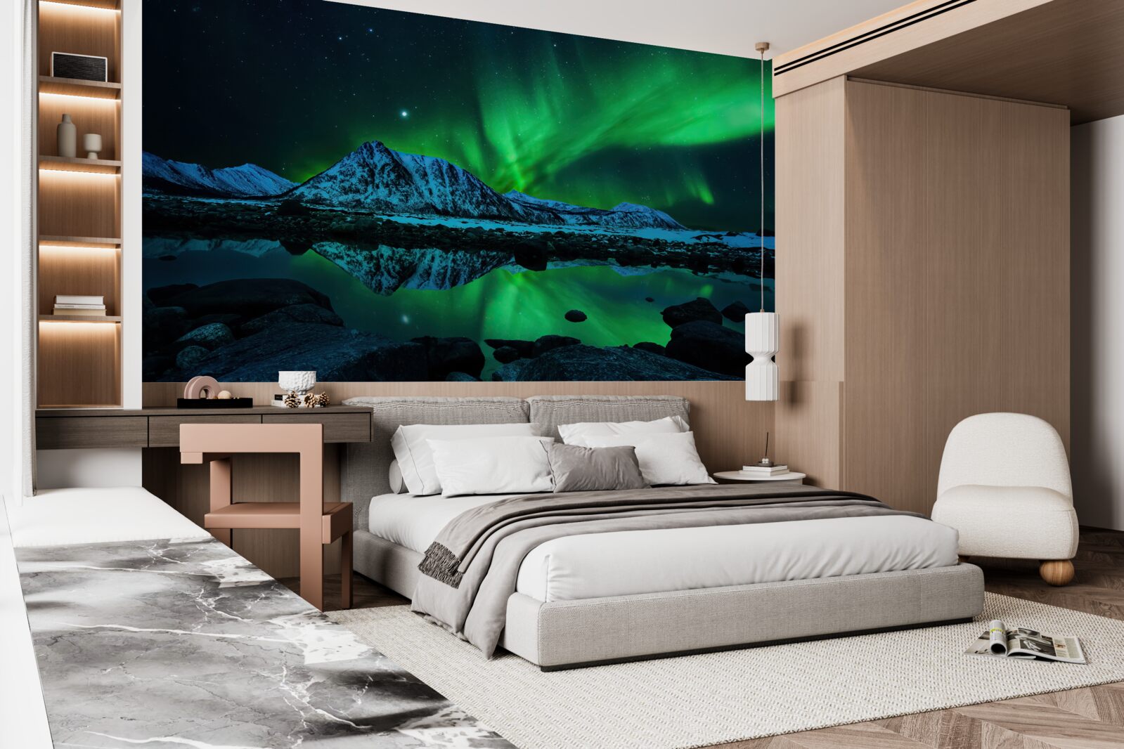 Fototapet aurora boreală uimitoare deasupra mării