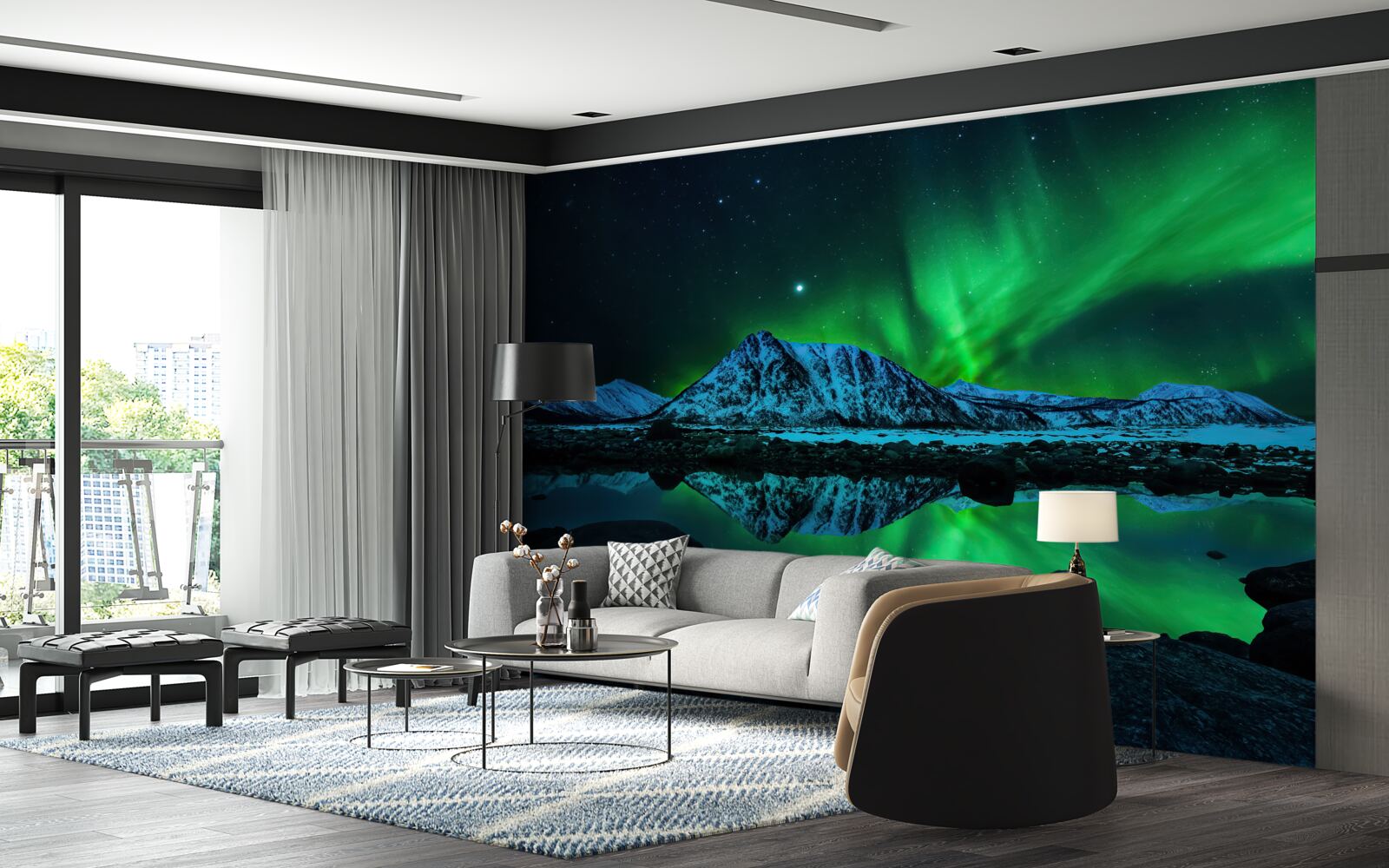 Fototapet aurora boreală uimitoare deasupra mării