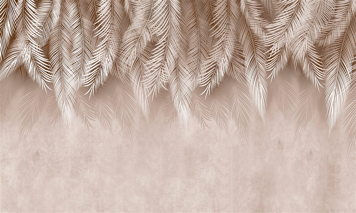 Fototapet fundal roz decorat cu frunze albe de palmier