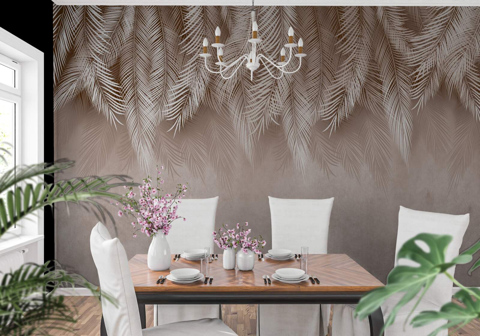 Fototapet fundal roz decorat cu frunze albe de palmier