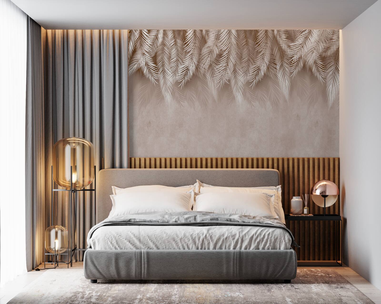 Fototapet fundal roz decorat cu frunze albe de palmier