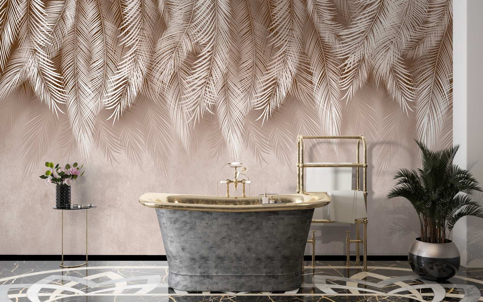 Fototapet fundal roz decorat cu frunze albe de palmier