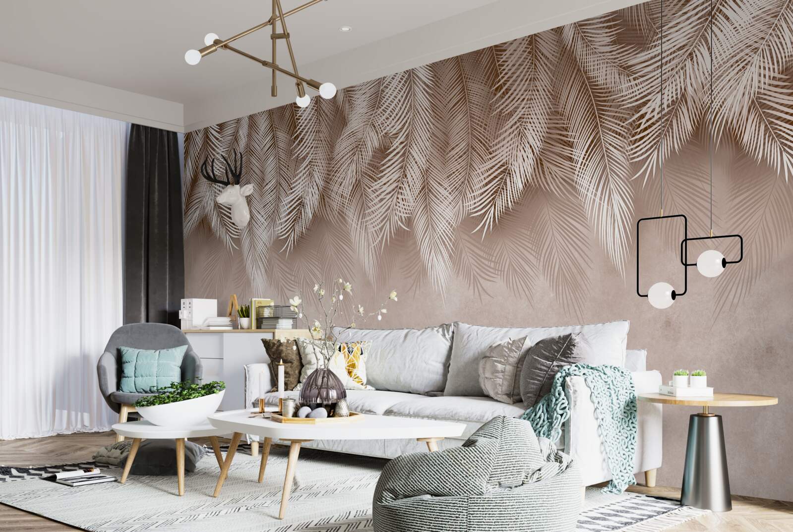 Fototapet fundal roz decorat cu frunze albe de palmier