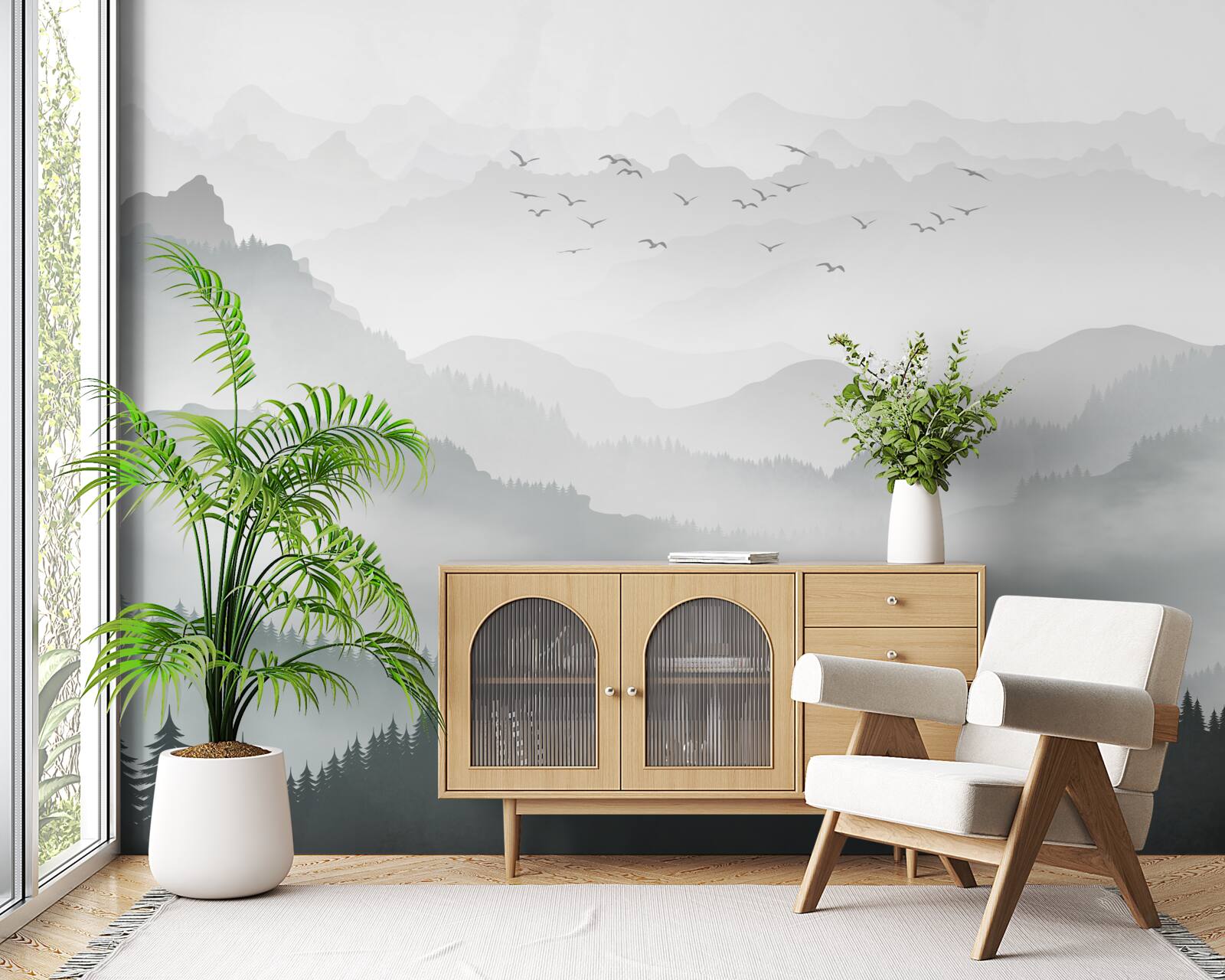 Fototapet ceața învăluie dens vârfurile stâncoase