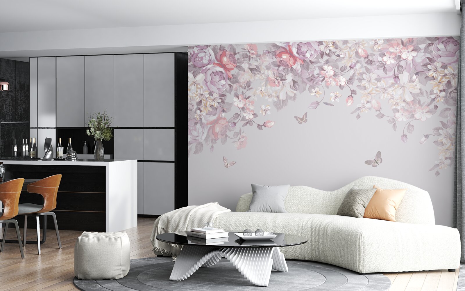 Fototapet o grădină în care înfloresc flori și fluturi