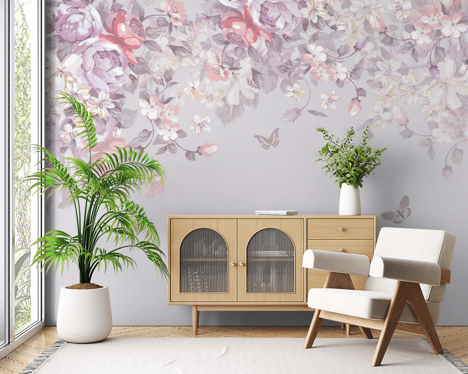 Fototapet o grădină în care înfloresc flori și fluturi