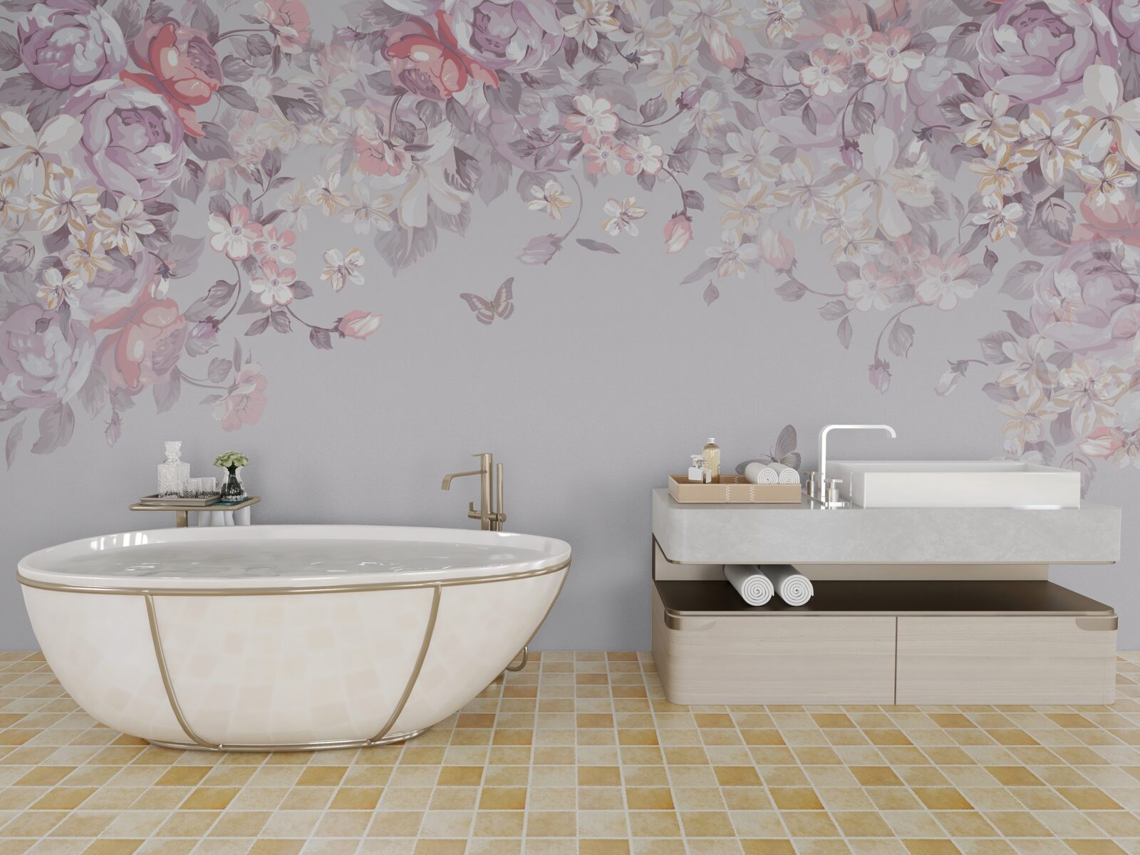 Fototapet o grădină în care înfloresc flori și fluturi