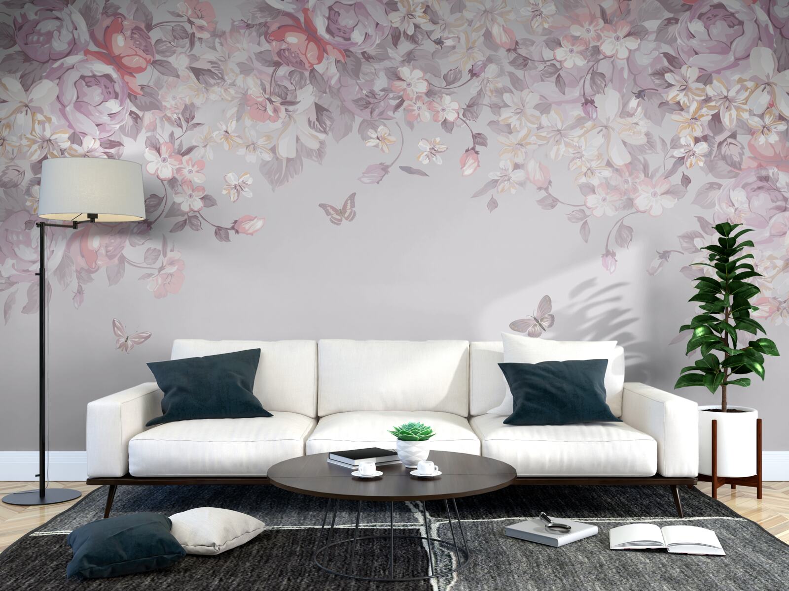 Fototapet o grădină în care înfloresc flori și fluturi