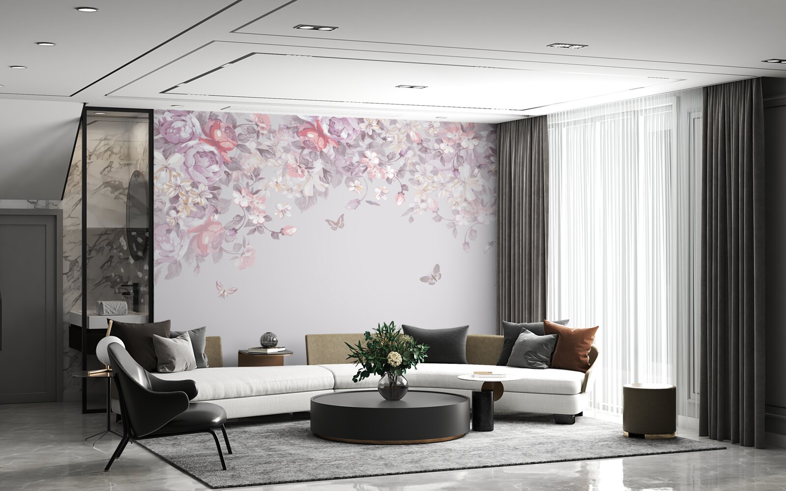 Fototapet o grădină în care înfloresc flori și fluturi