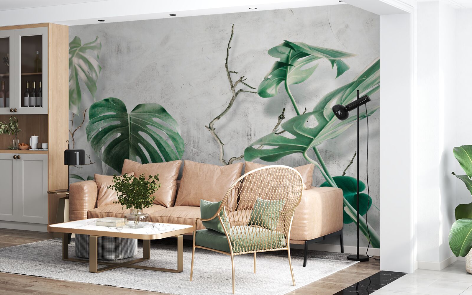 Fototapet monștri tropicali cu ramuri verzi