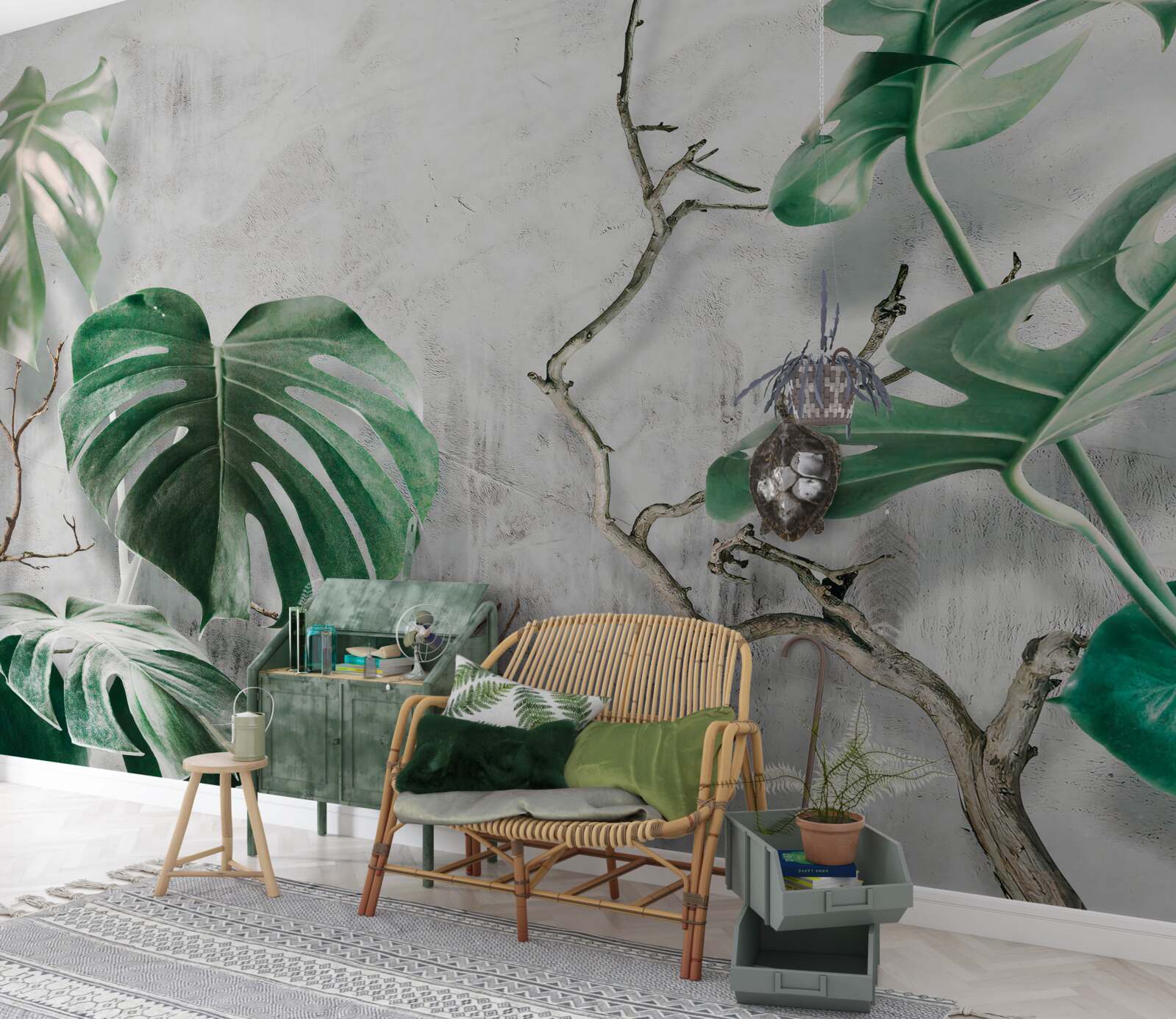 Fototapet monștri tropicali cu ramuri verzi