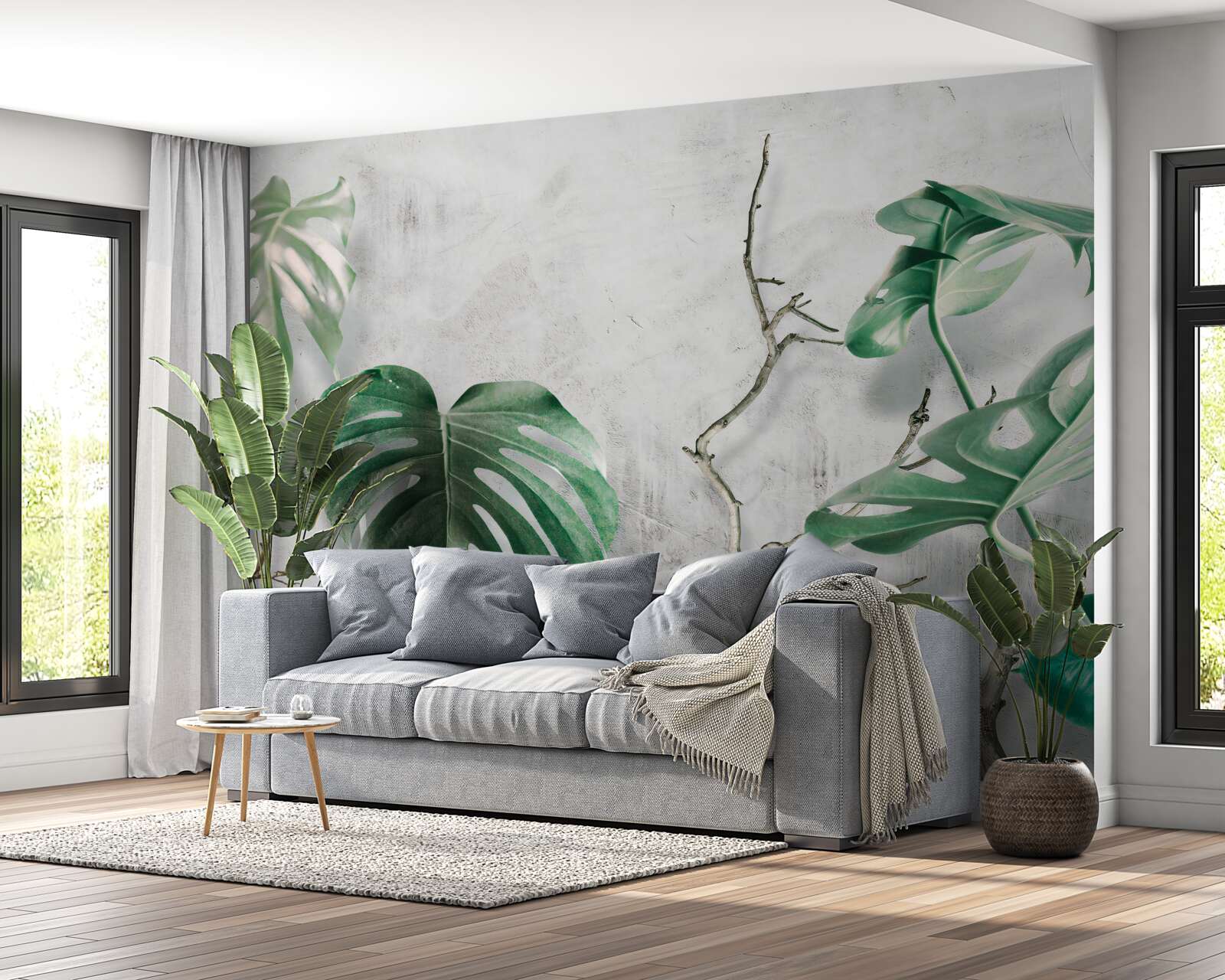 Fototapet monștri tropicali cu ramuri verzi